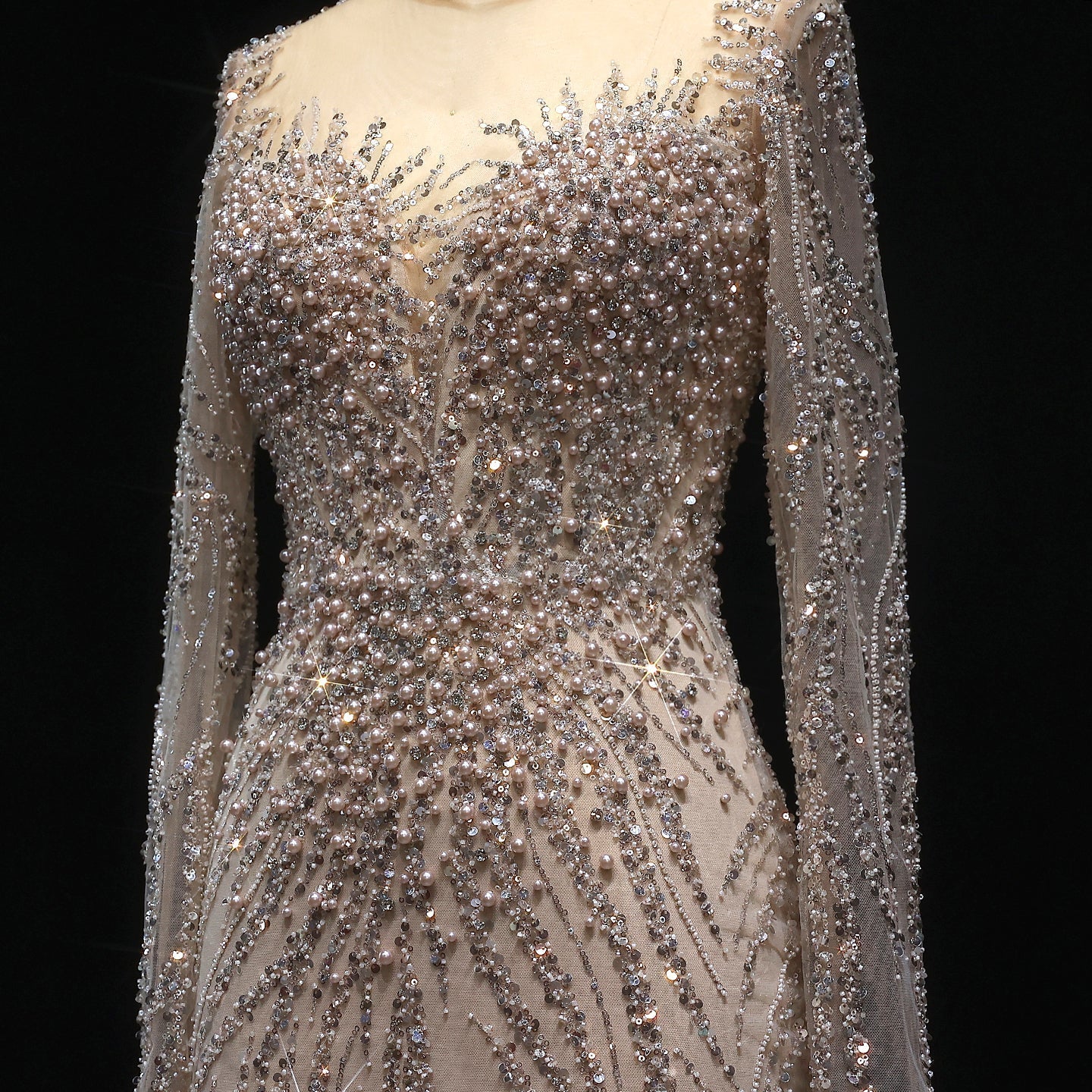 Luxury White Nude Long Sleeves Mermaid Evening Dress SS684