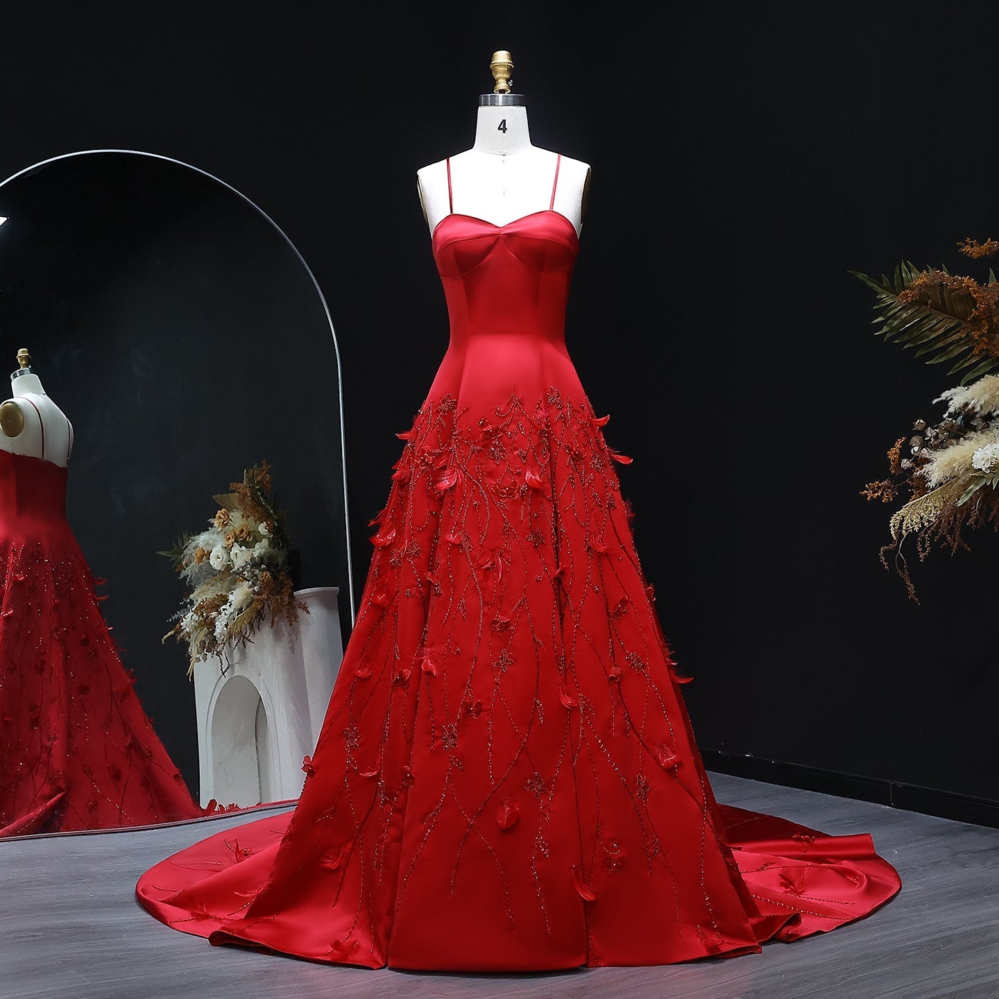 Luxury 3D Flowers Feathers Coral Pink Evening Dress SS470  Burgundy / US 16