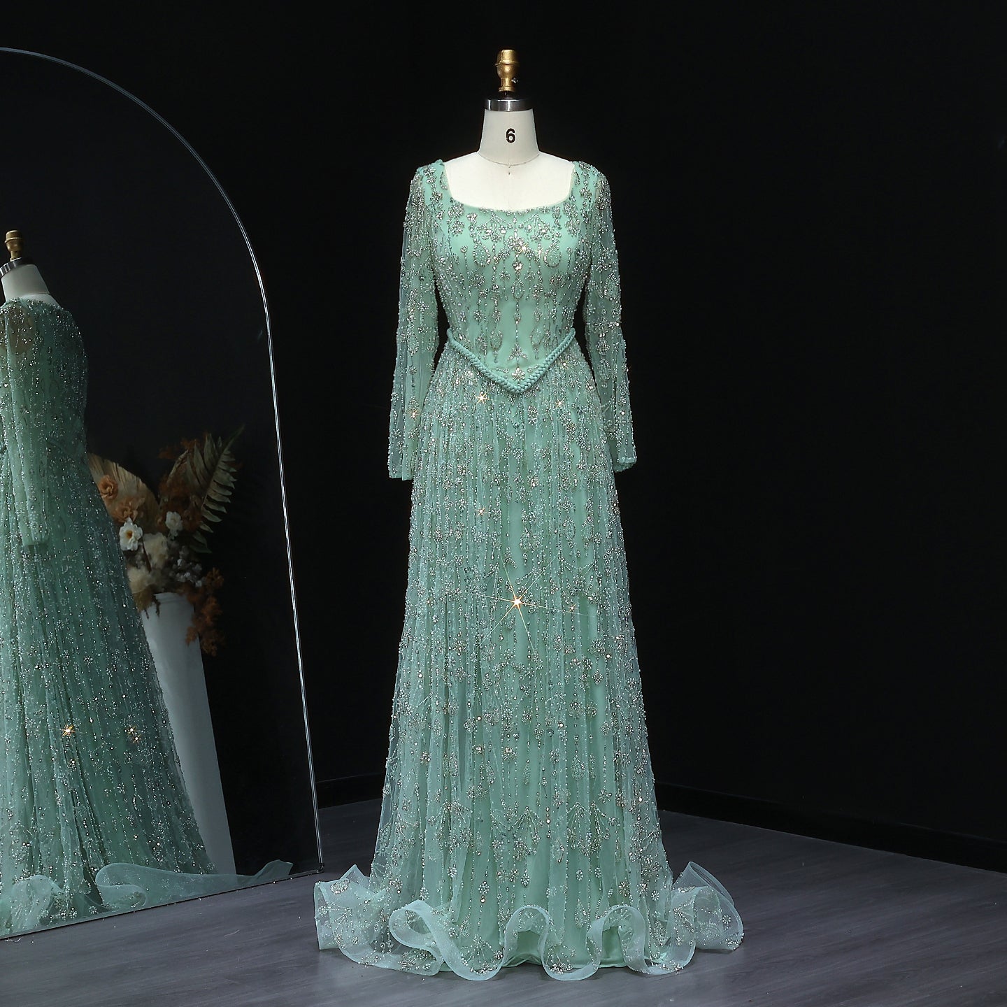 Luxury Sage Green Spaghetti A-Line Evening Dress SS693  Green Long Sleeves / US 20