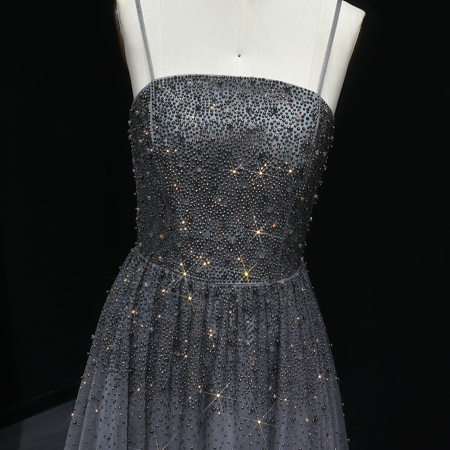 Dazzling Gray Crystal Spaghetti Evening Dress SS375