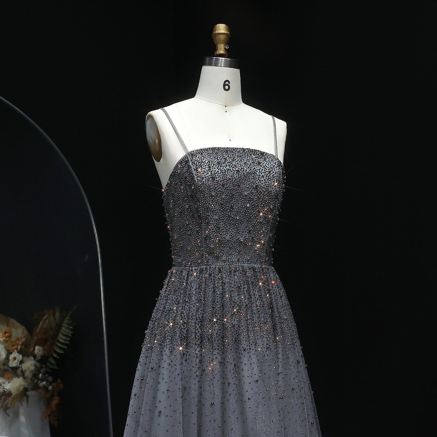 Dazzling Gray Crystal Spaghetti Evening Dress SS375
