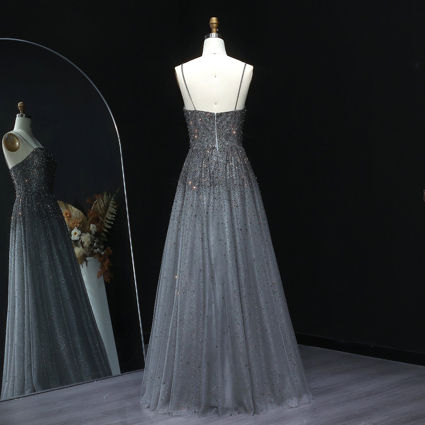 Dazzling Gray Crystal Spaghetti Evening Dress SS375