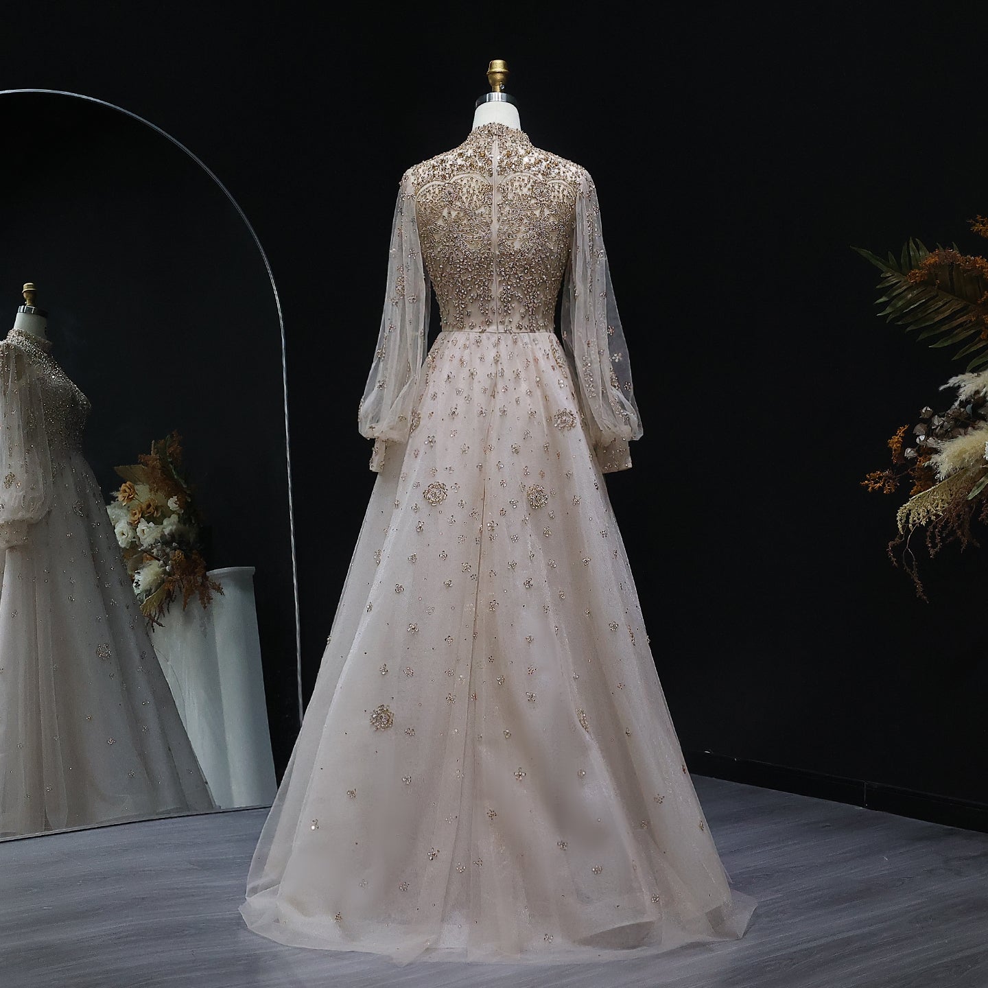 Elegant Champagne Evening Dress with Long Sleeves SS223