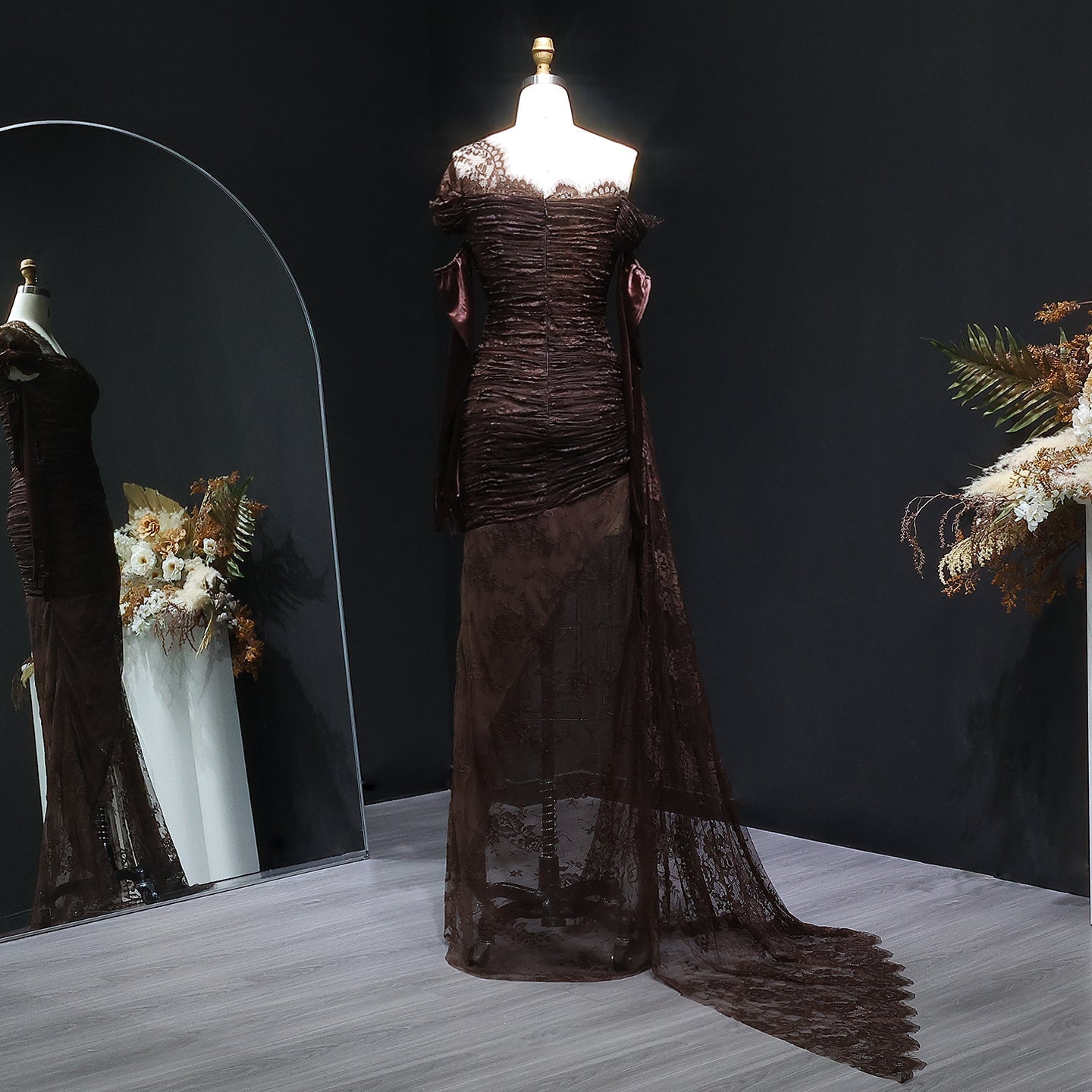 Elegant Lace Black Dress with Gloves SF017