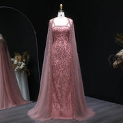 Elegant Pink Beaded Evening Gown with Sheer Cape SS393