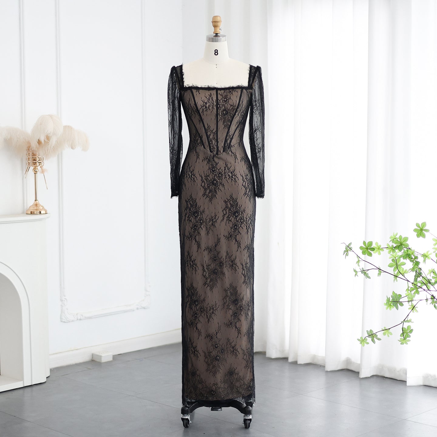 Elegant Black Lace Long Sleeves Sheath Evening Dress SF038  Black / US 16