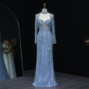 Luxury Beaded Blue Long Sleeve Evening Dress SS065  Blue / US 18