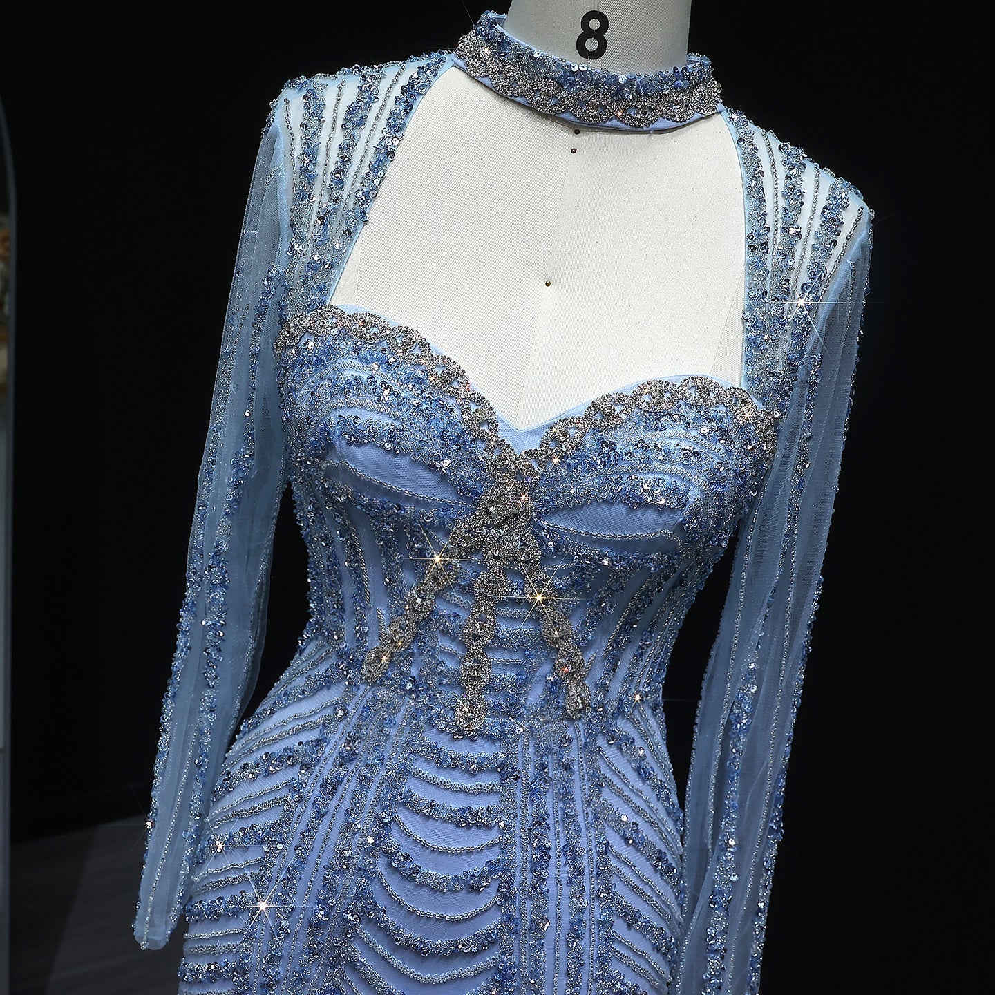 Luxury Beaded Blue Long Sleeve Evening Dress SS065