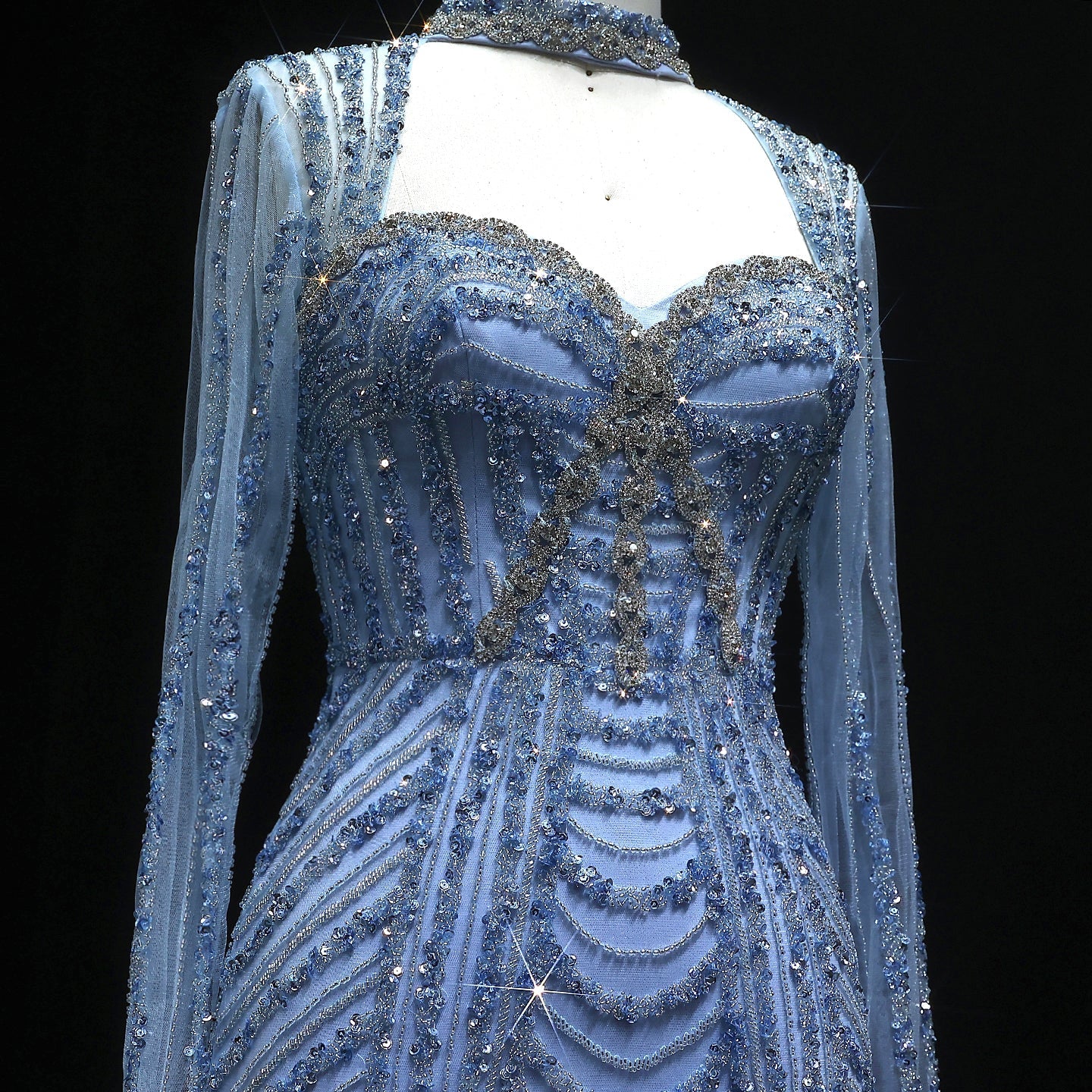 Luxury Beaded Blue Long Sleeve Evening Dress SS065