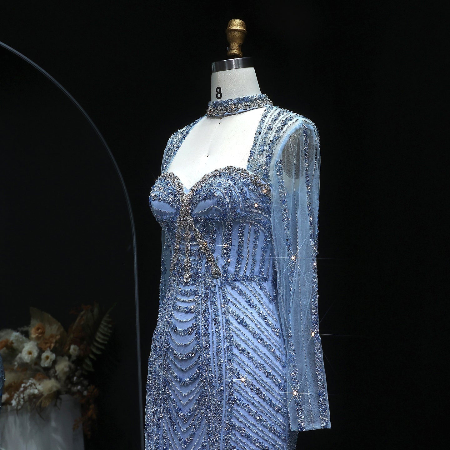Luxury Beaded Blue Long Sleeve Evening Dress SS065