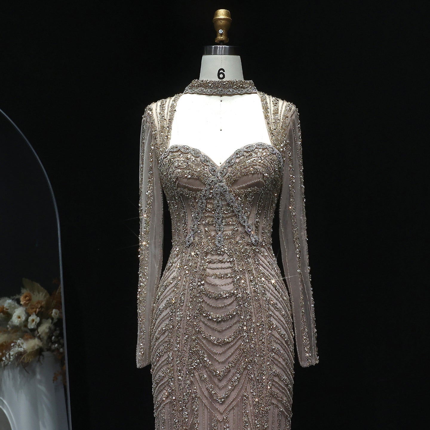 Luxury Beaded Blue Long Sleeve Evening Dress SS065