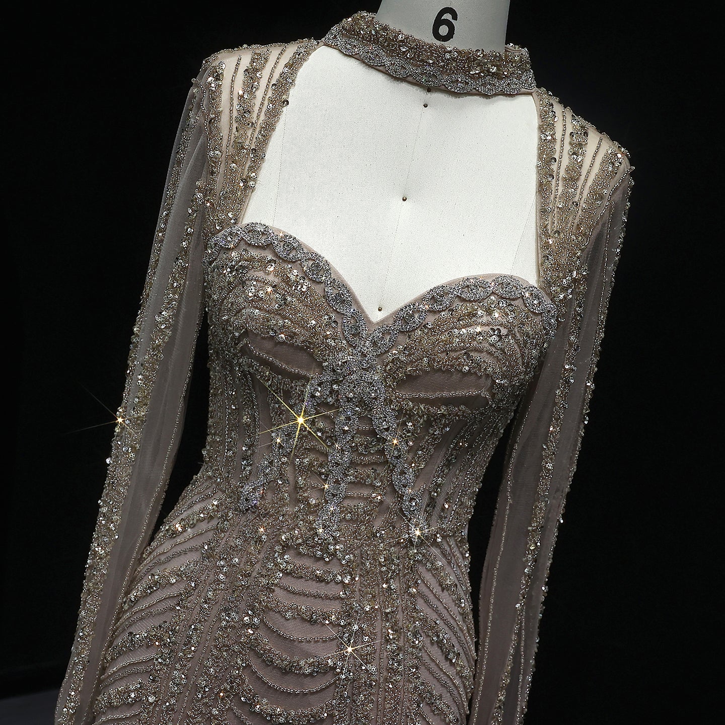 Luxury Beaded Blue Long Sleeve Evening Dress SS065