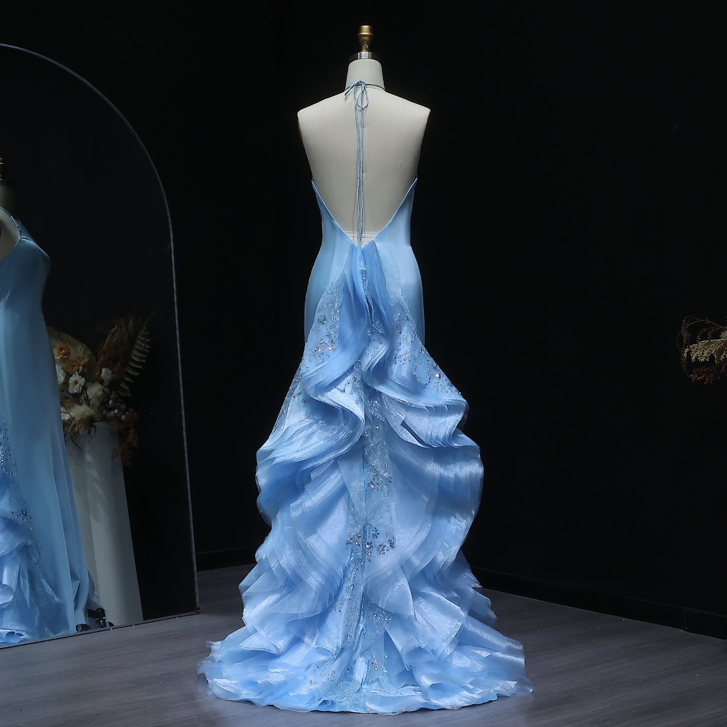 Stunning Blue Halter Evening Dress with Ruffles SS524