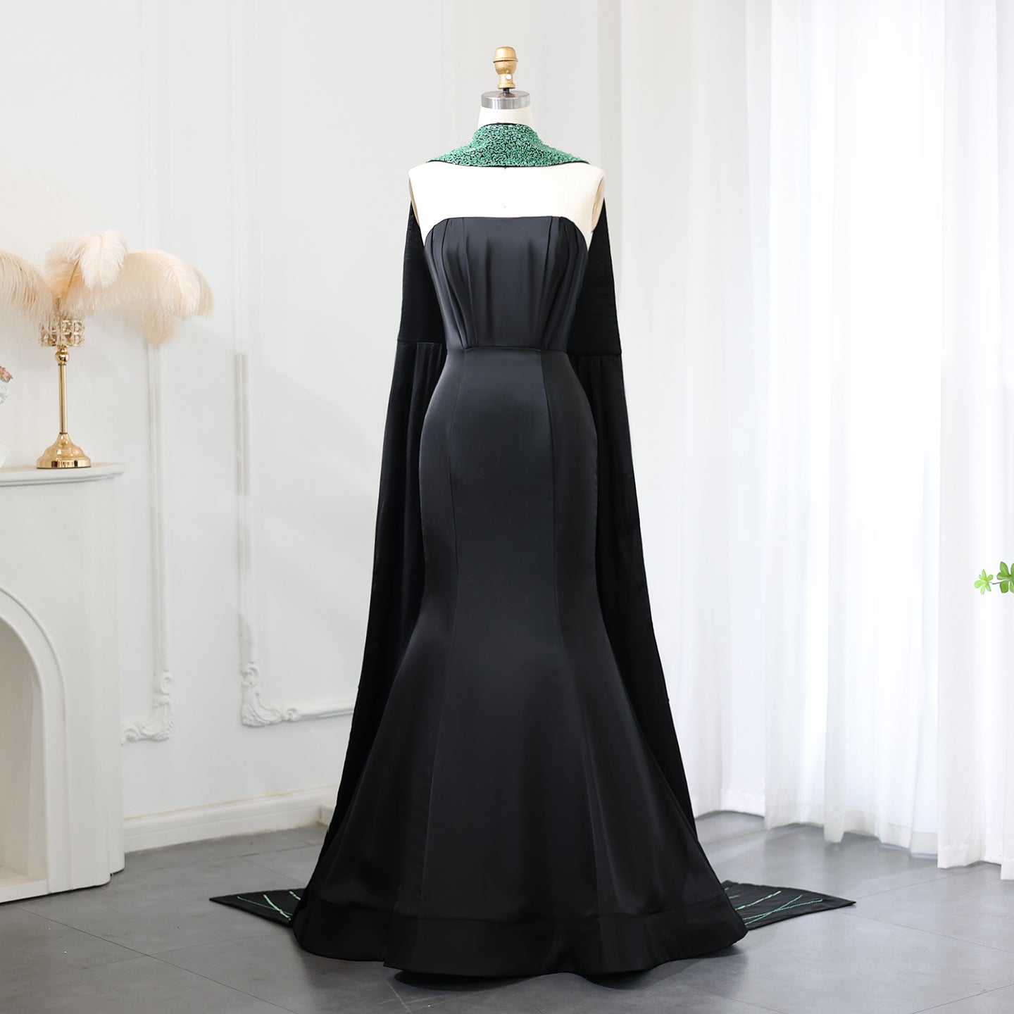 Elegant Black Mermaid Evening Dress with Beaded Scarf SS421  Black / US 16