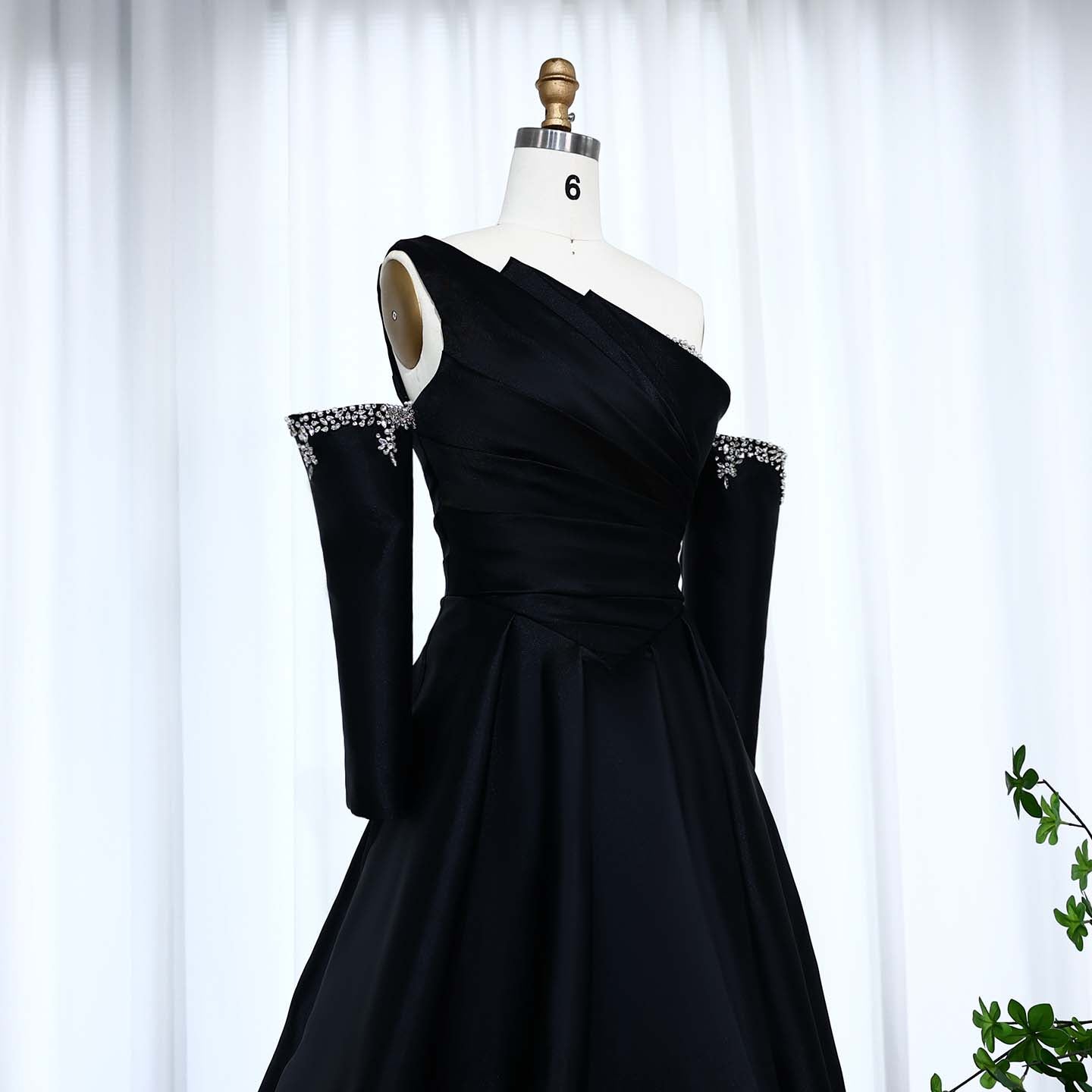 Elegant Black Satin Crystal One Shoulder Evening Dress SF272