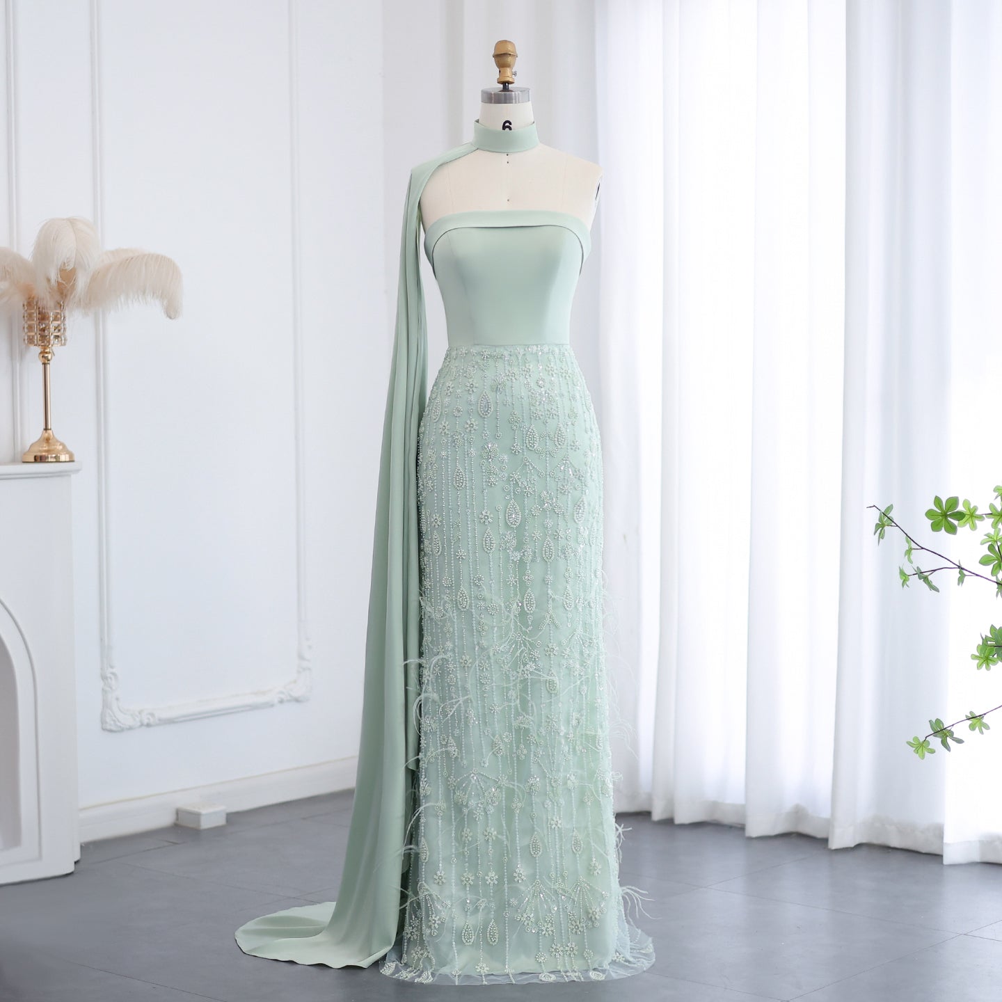 Luxury Sage Green Feathers Evening Dress with Scarf Cape SS014  Green / US 22