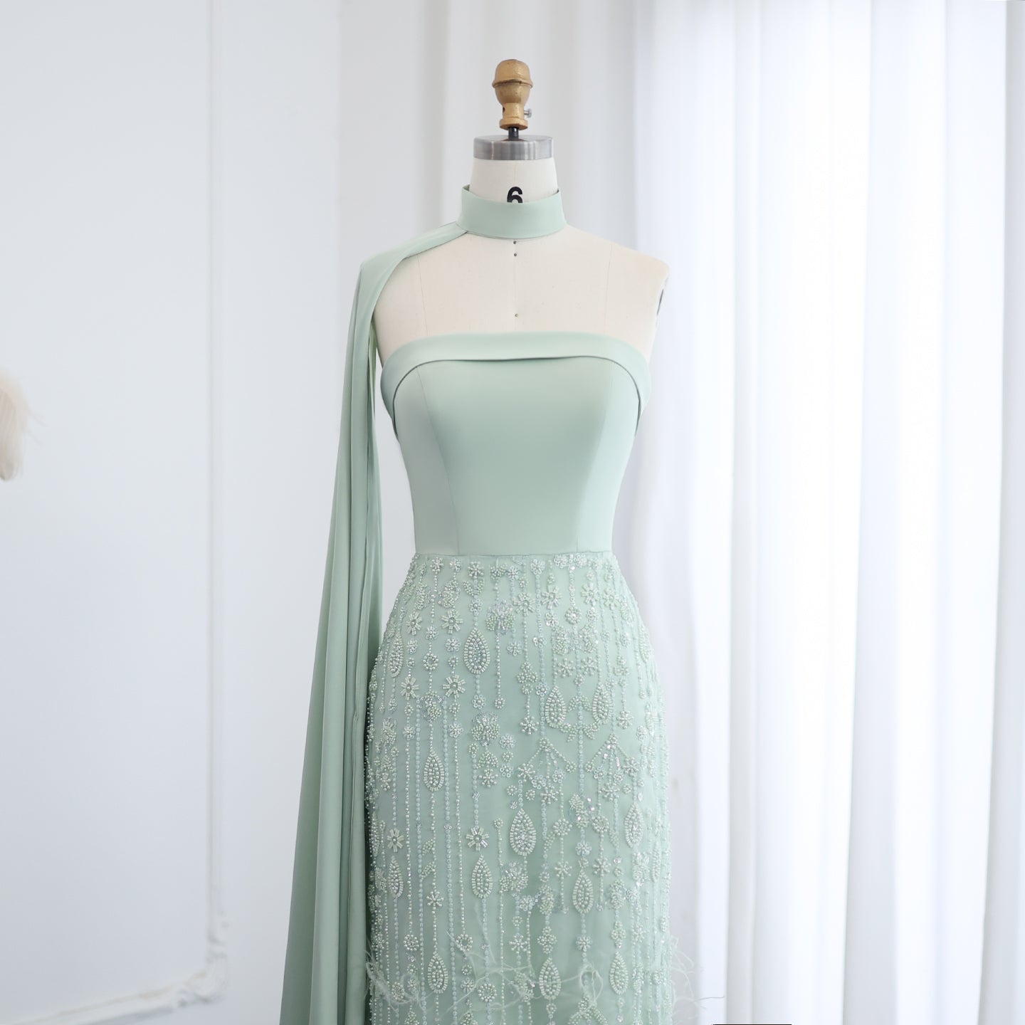 Luxury Sage Green Feathers Evening Dress with Scarf Cape SS014