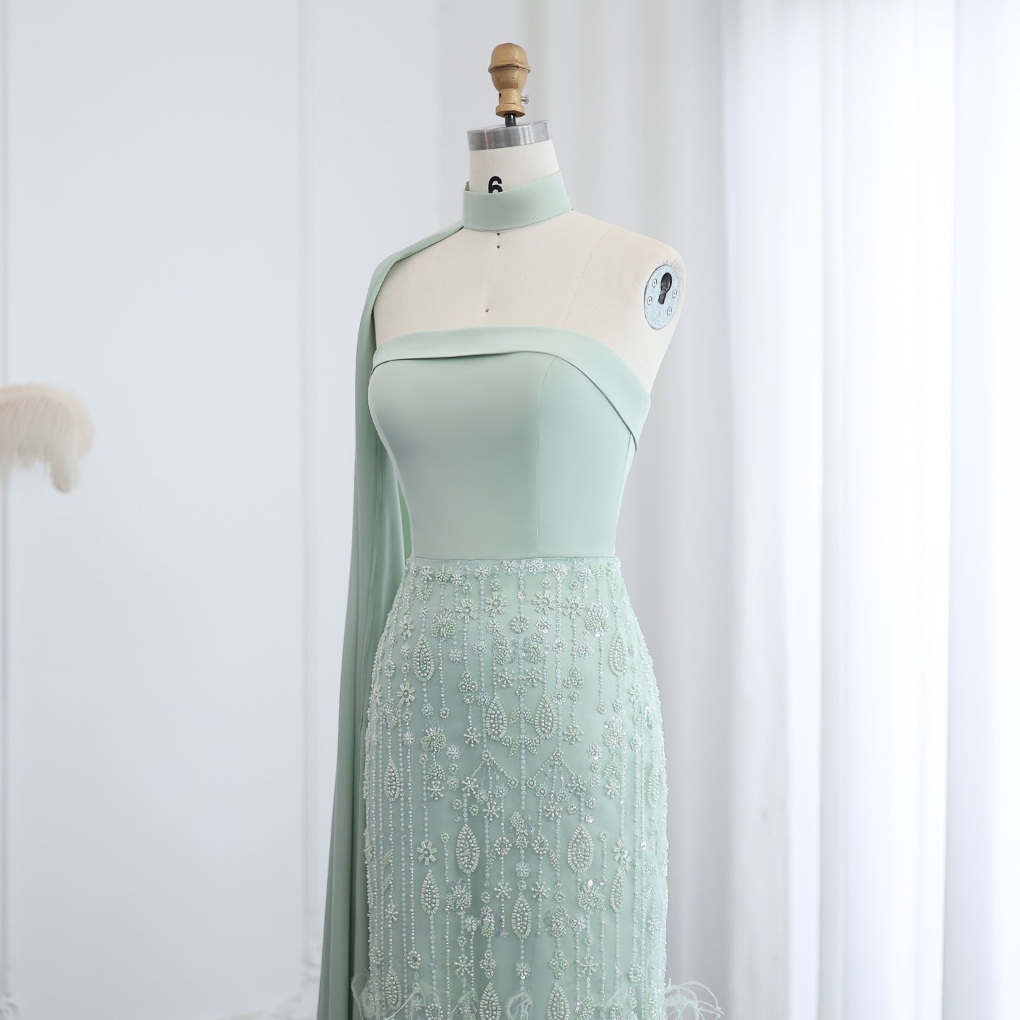 Luxury Sage Green Feathers Evening Dress with Scarf Cape SS014