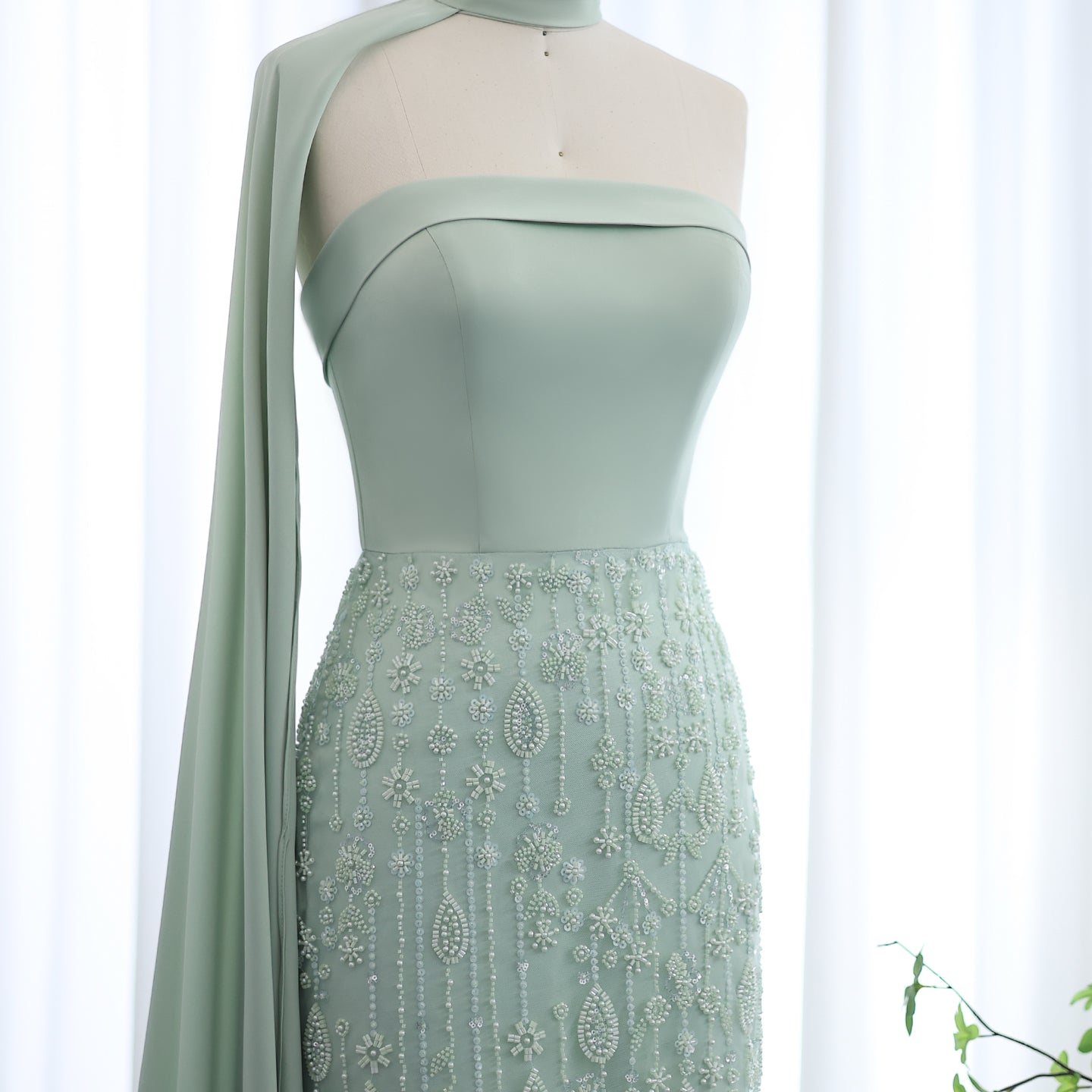 Luxury Sage Green Feathers Evening Dress with Scarf Cape SS014
