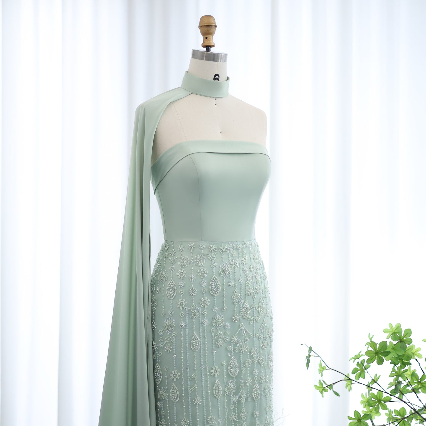 Luxury Sage Green Feathers Evening Dress with Scarf Cape SS014