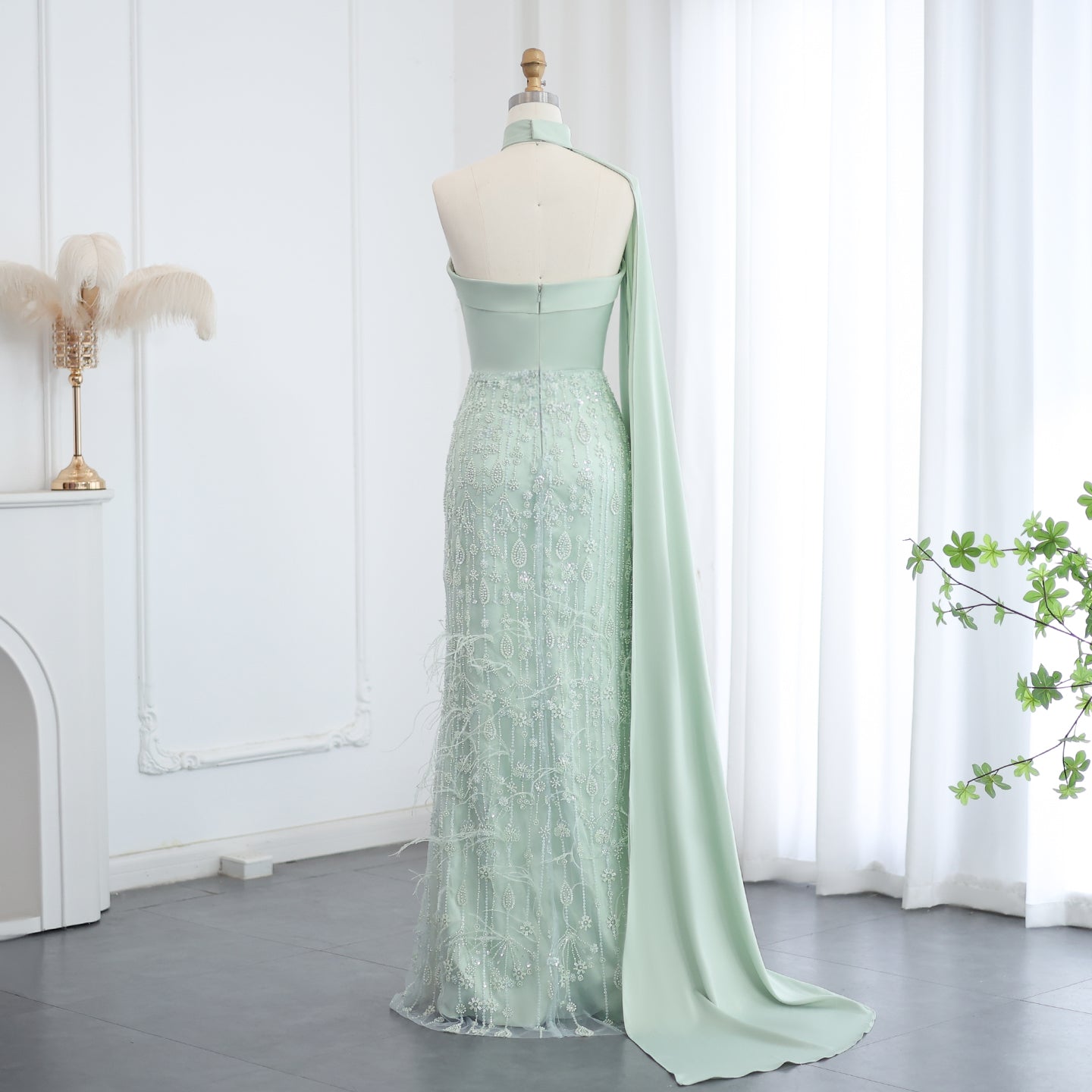 Luxury Sage Green Feathers Evening Dress with Scarf Cape SS014