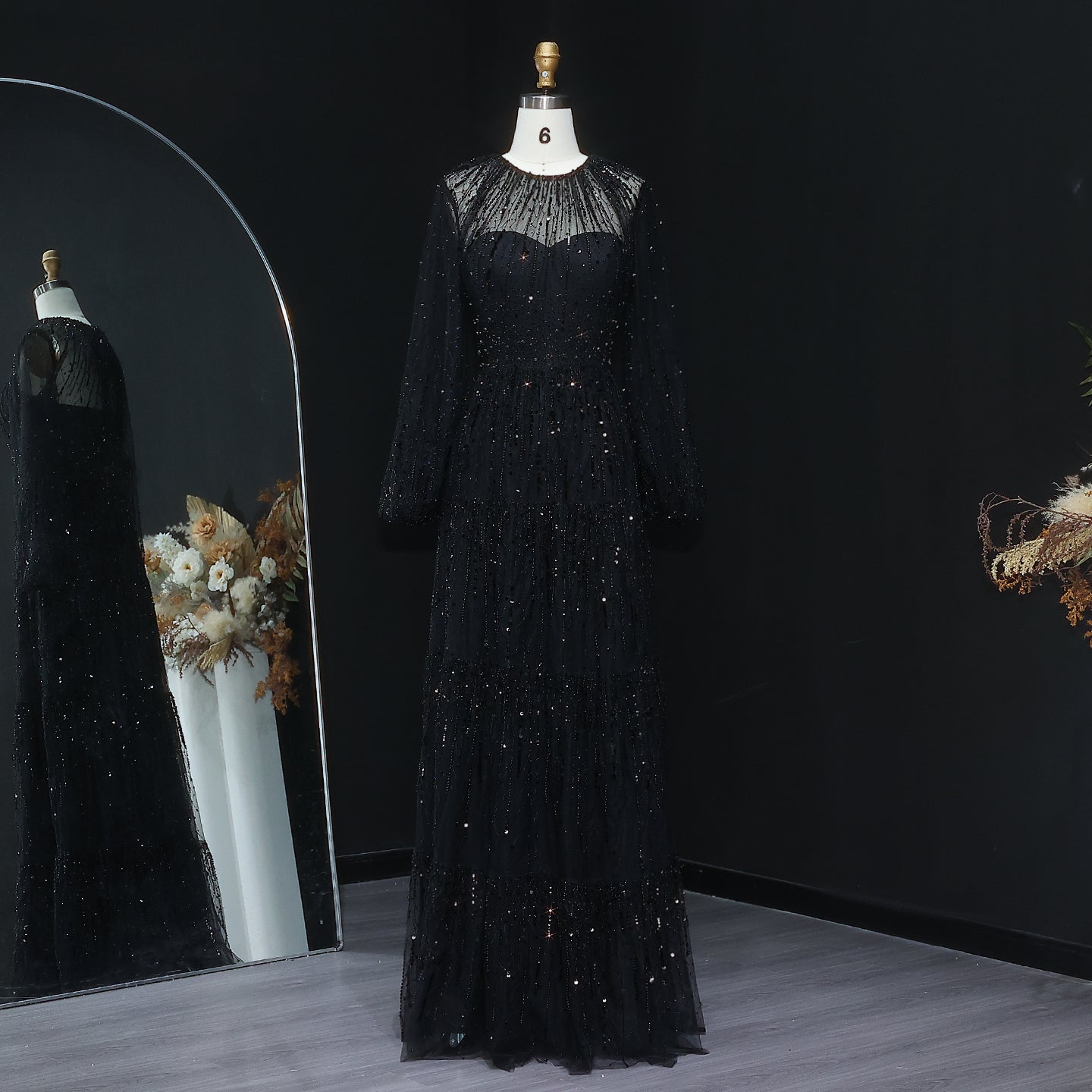 Luxury Beige Ruffles Beaded Long Sleeves Evening Dress SS514