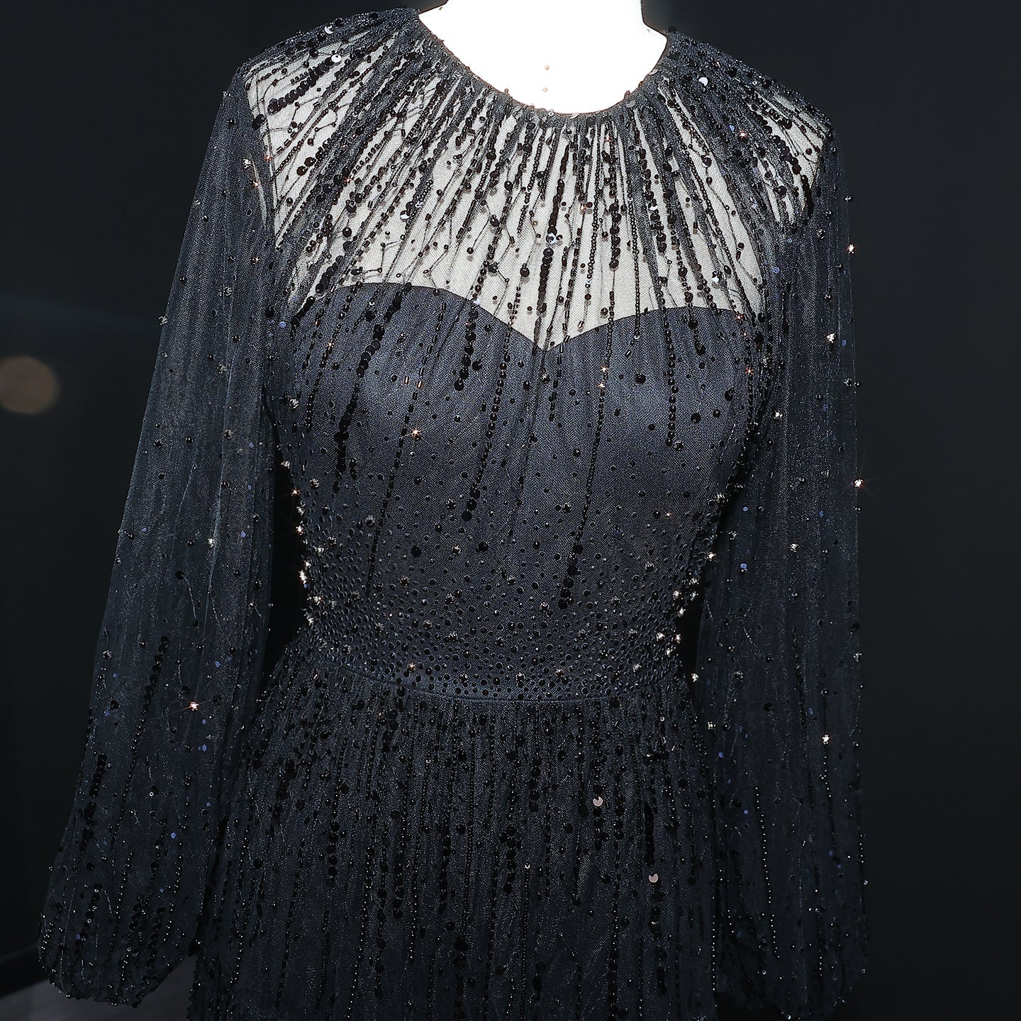 Luxury Beige Ruffles Beaded Long Sleeves Evening Dress SS514