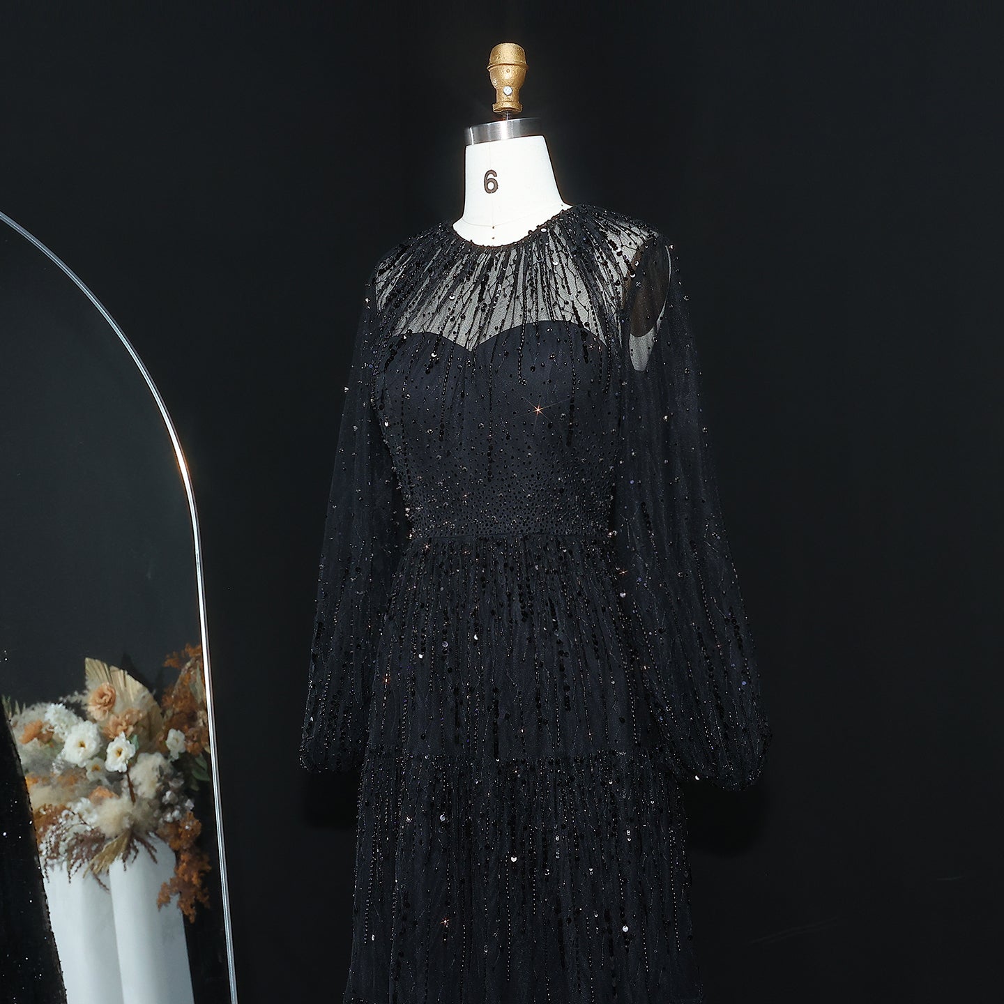 Luxury Beige Ruffles Beaded Long Sleeves Evening Dress SS514