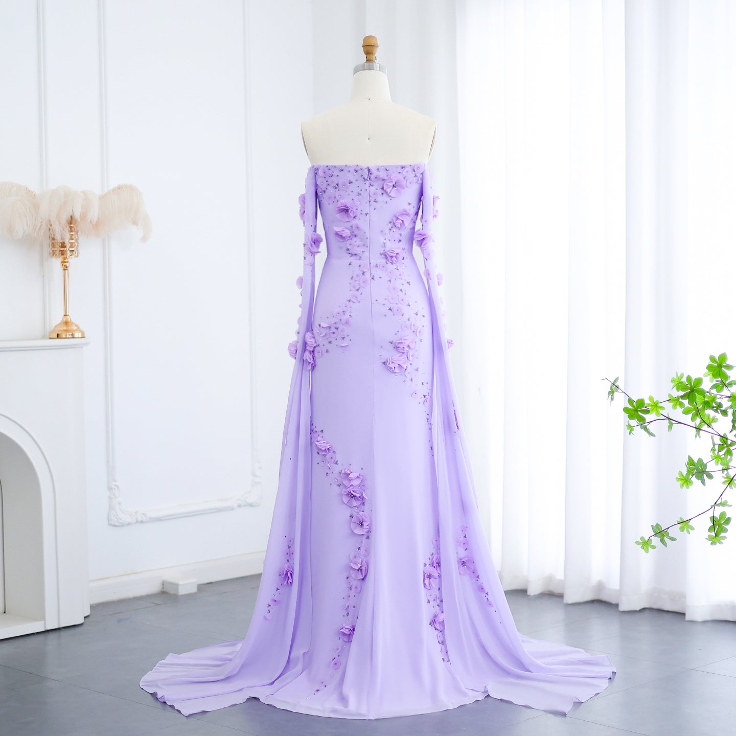 Elegant 3D Flower Lilac Off Shoulder Evening Dress SS450