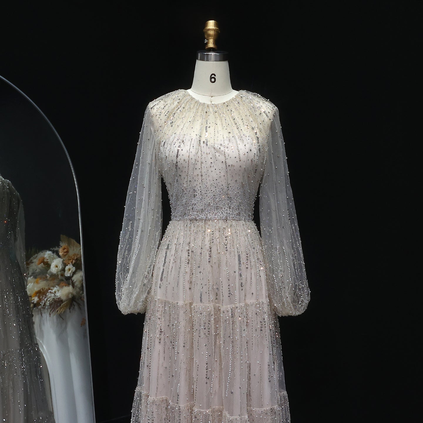 Luxury Beige Ruffles Beaded Long Sleeves Evening Dress SS514