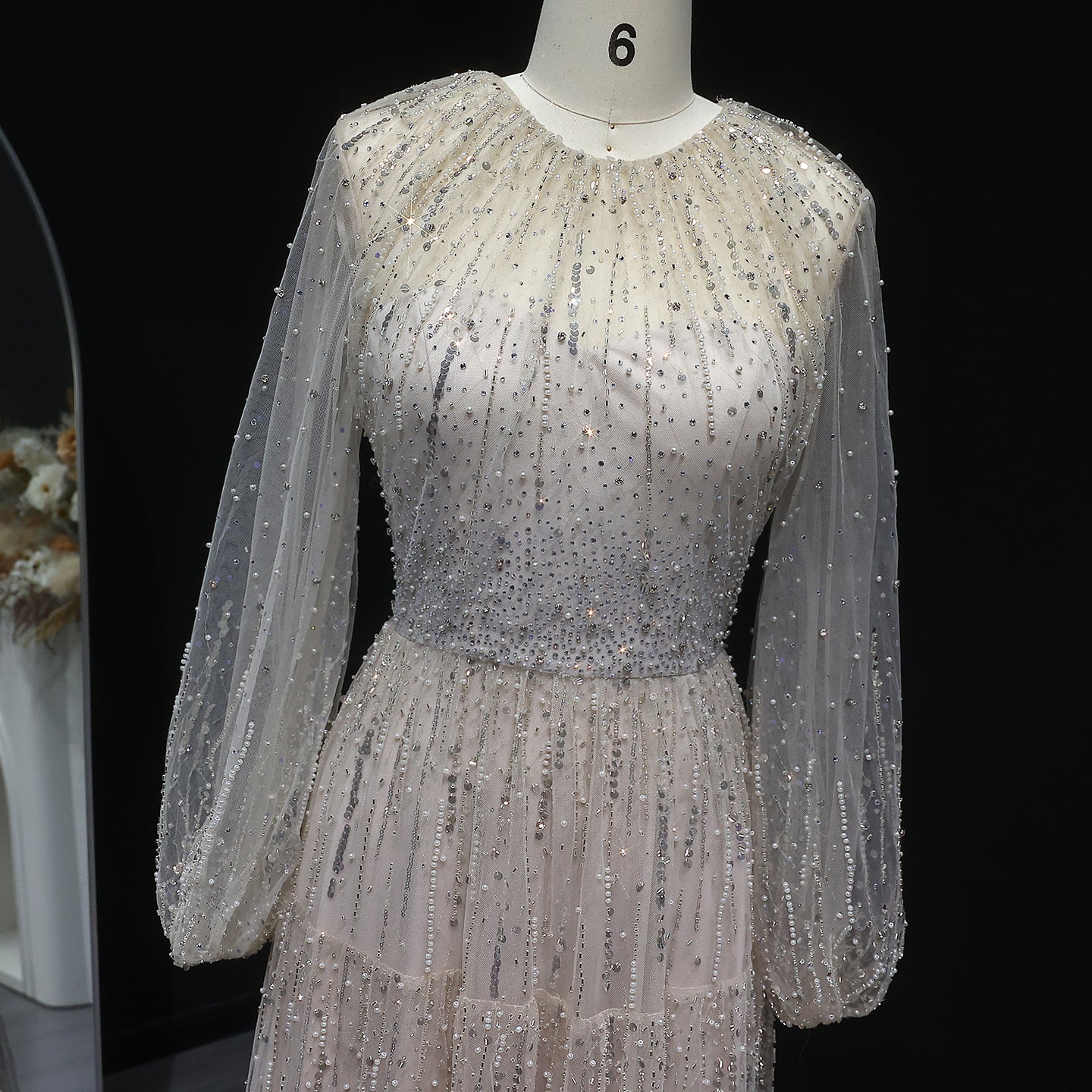 Luxury Beige Ruffles Beaded Long Sleeves Evening Dress SS514