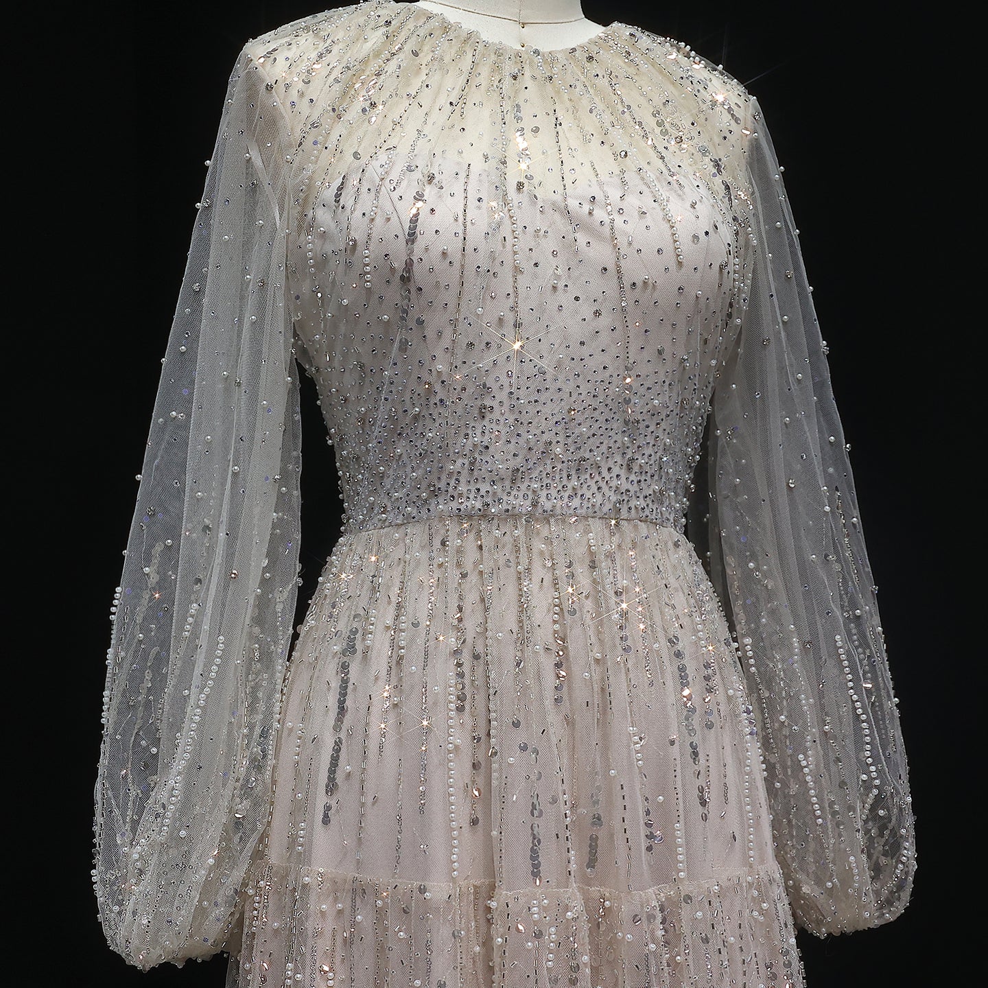 Luxury Beige Ruffles Beaded Long Sleeves Evening Dress SS514