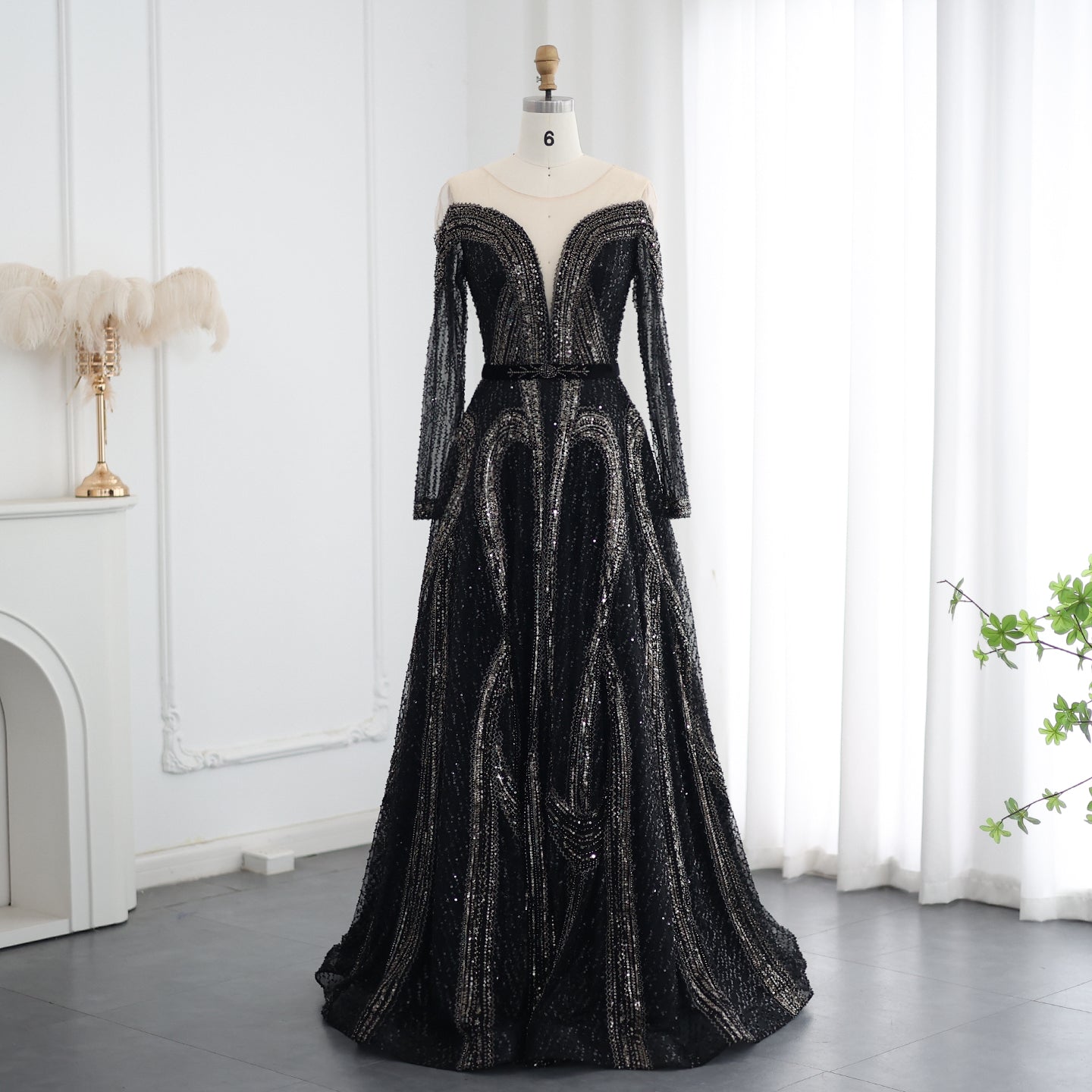Luxury Long Sleeves Black Evening Dress SS040  Black / US 22