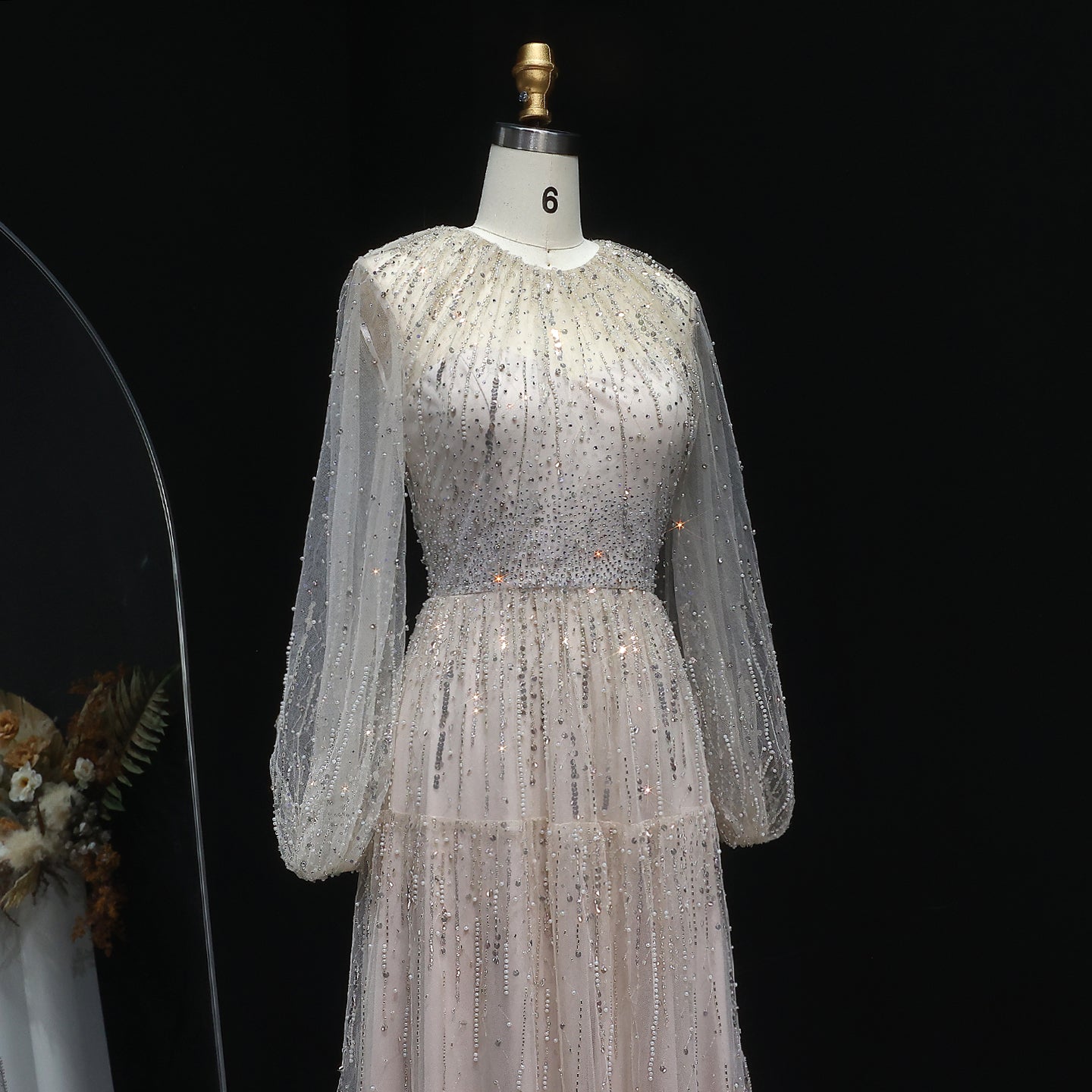 Luxury Beige Ruffles Beaded Long Sleeves Evening Dress SS514