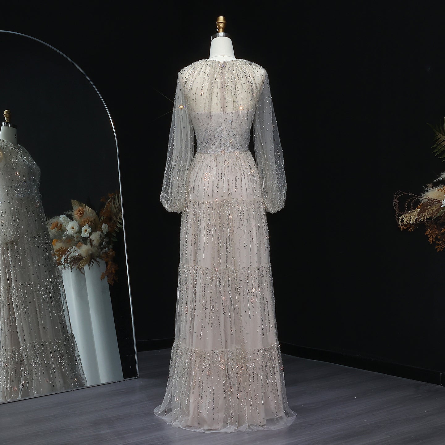 Luxury Beige Ruffles Beaded Long Sleeves Evening Dress SS514