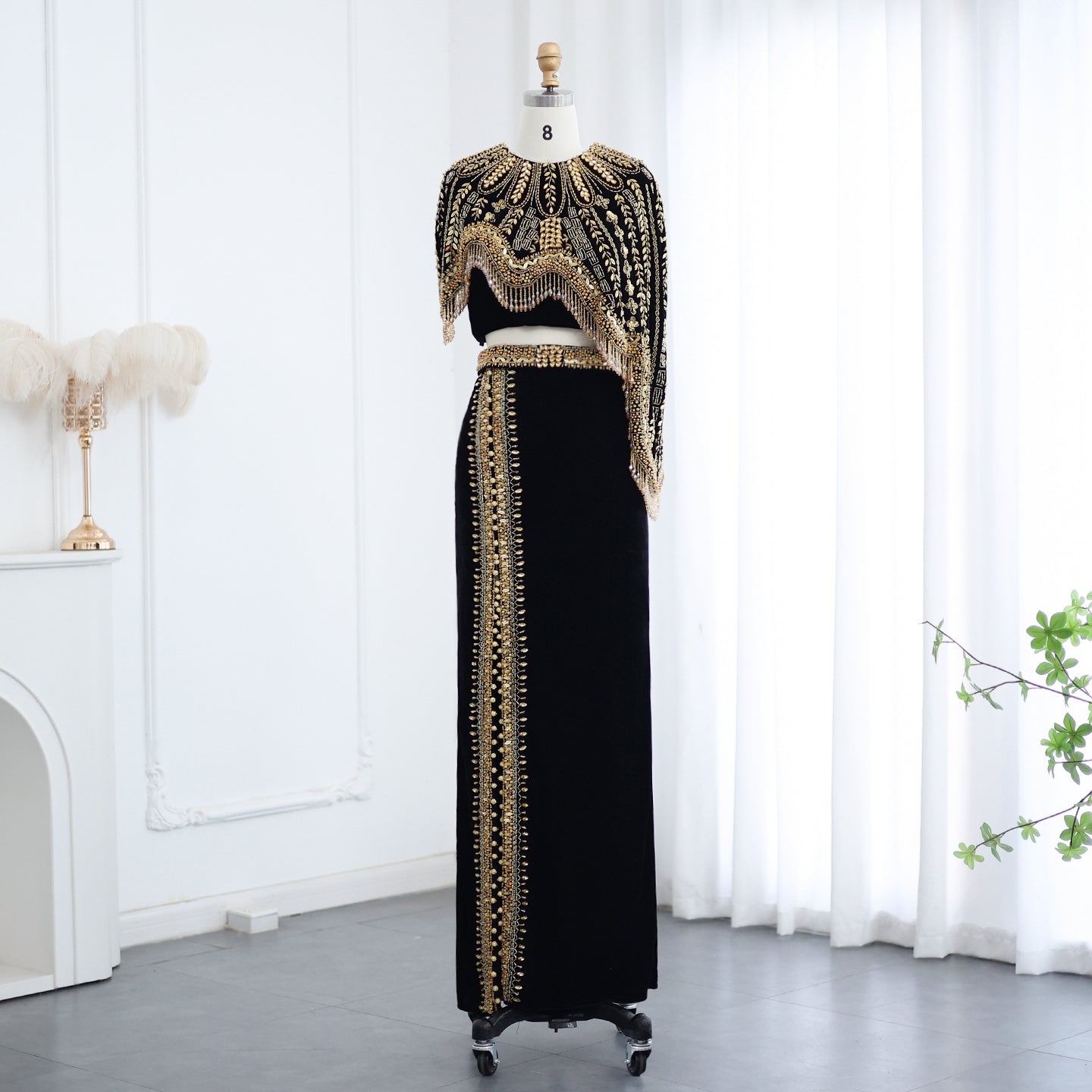 Luxury Black Two Pieces Evening Dress with Gold Beaded SS367  Black / US 16