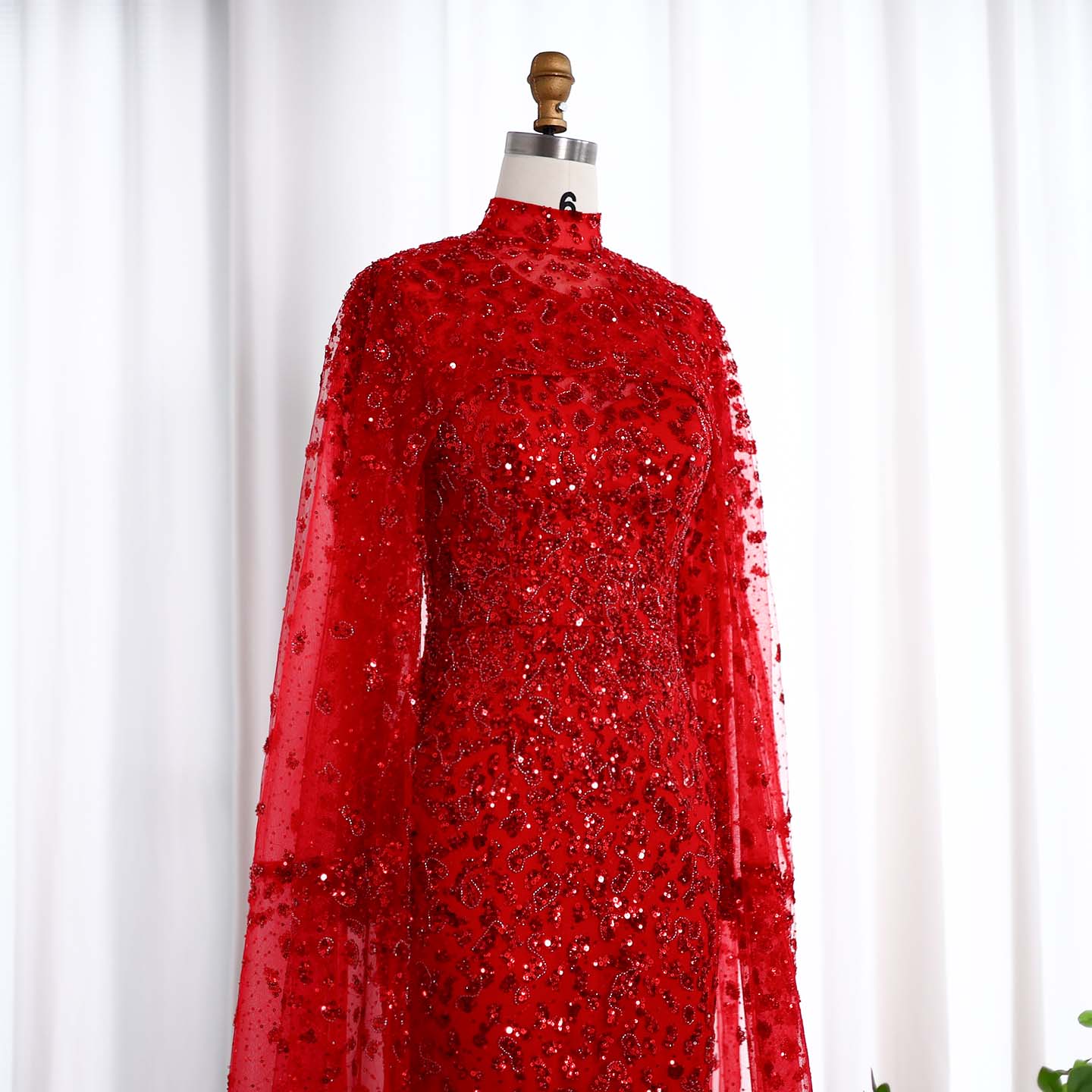 Luxury Wine Red Long Sleeves Muslim Evening Dress with Cape SS202