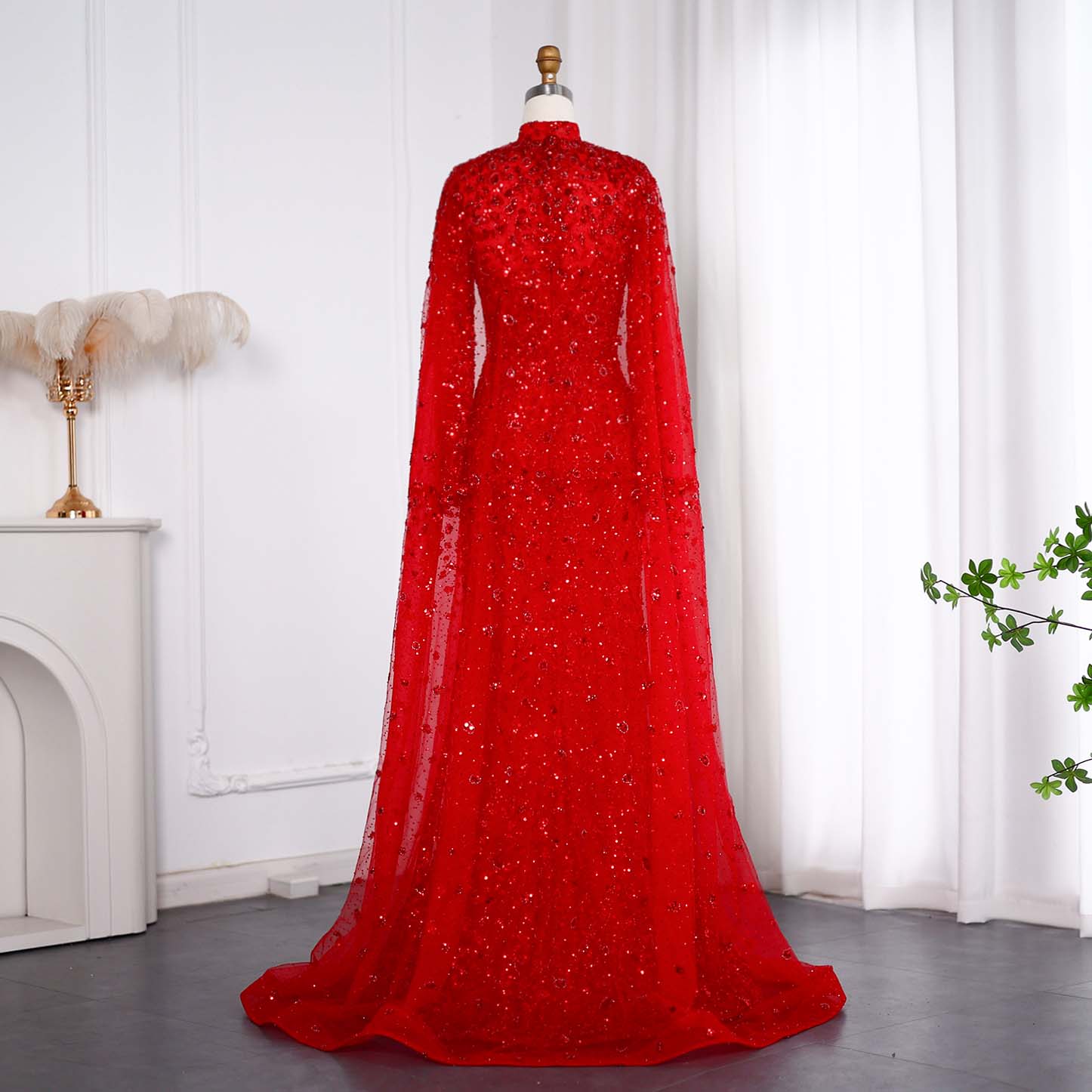 Luxury Wine Red Long Sleeves Muslim Evening Dress with Cape SS202