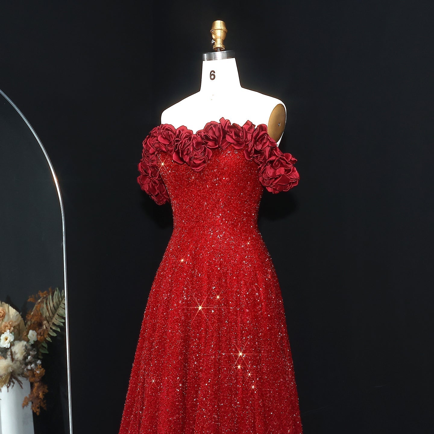 Stunning Burgundy Strapless 3D Flower Evening Dress SS491