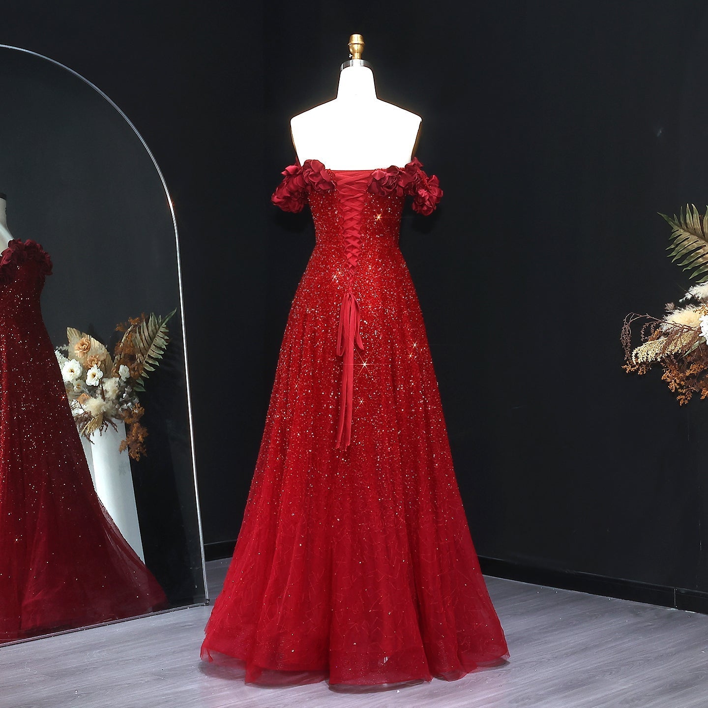 Stunning Burgundy Strapless 3D Flower Evening Dress SS491