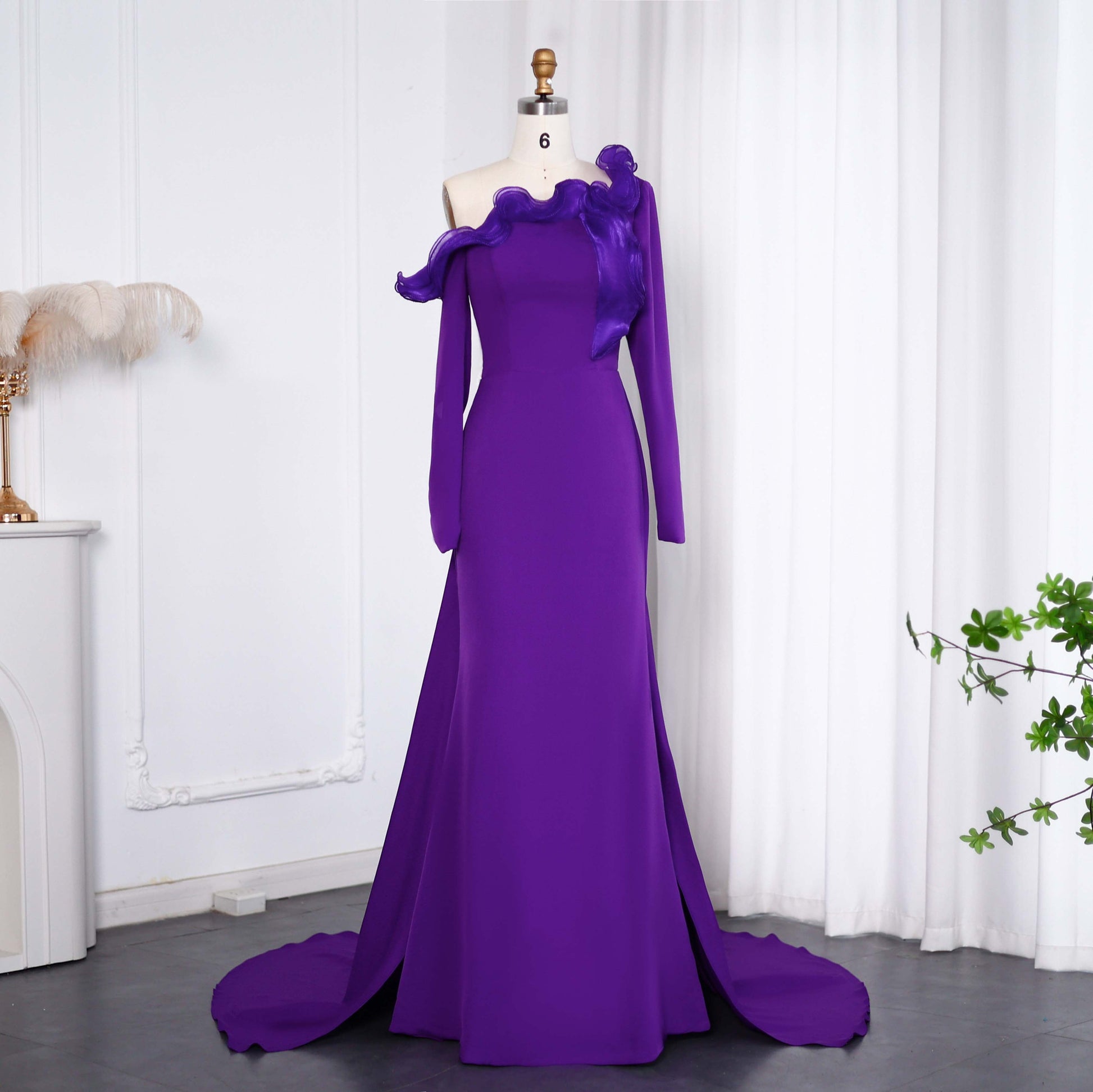 Elegant Purple Ruffles Off Shoulder Evening Dress with Overskirt SF142  Purple / US 16