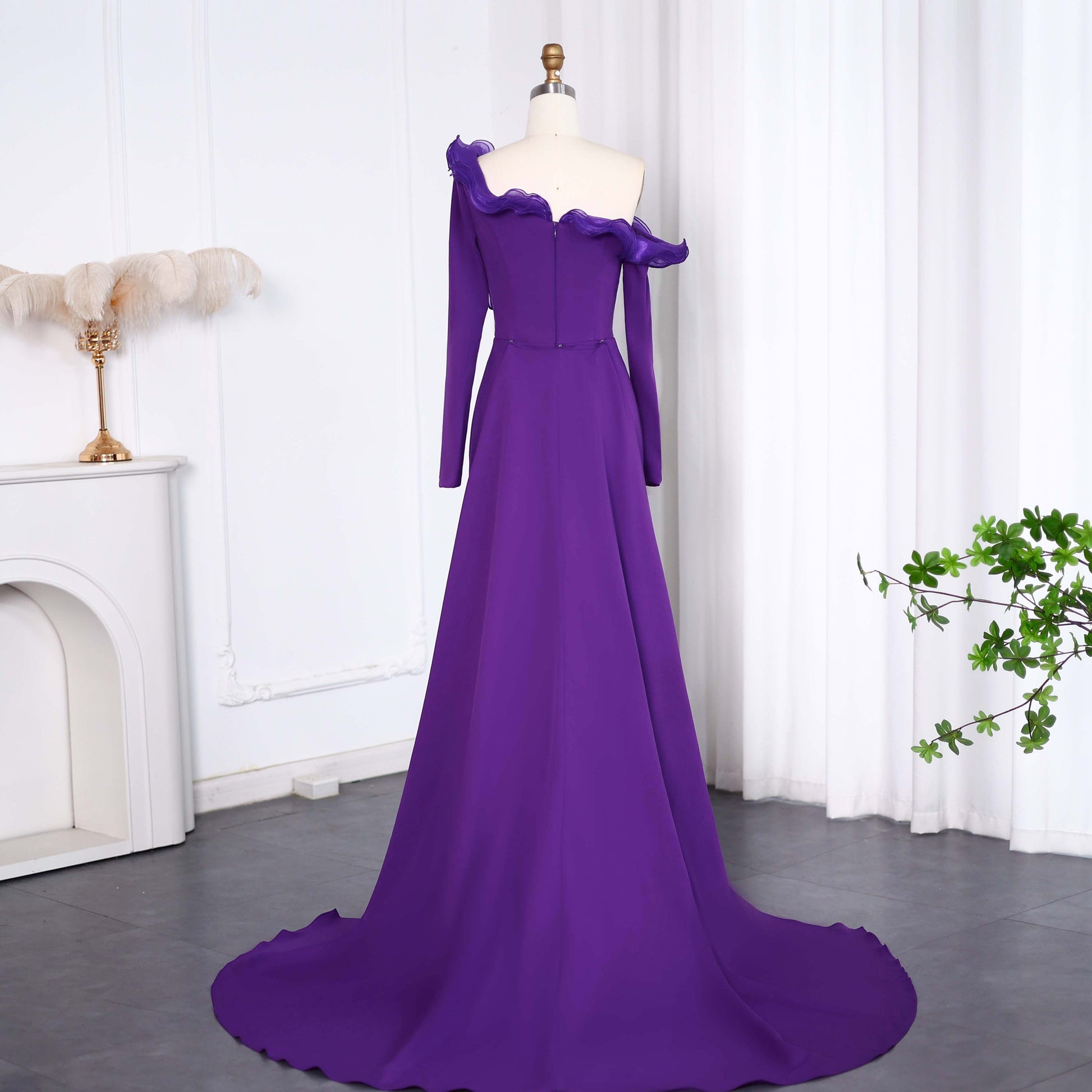 Elegant Purple Ruffles Off Shoulder Evening Dress with Overskirt SF142