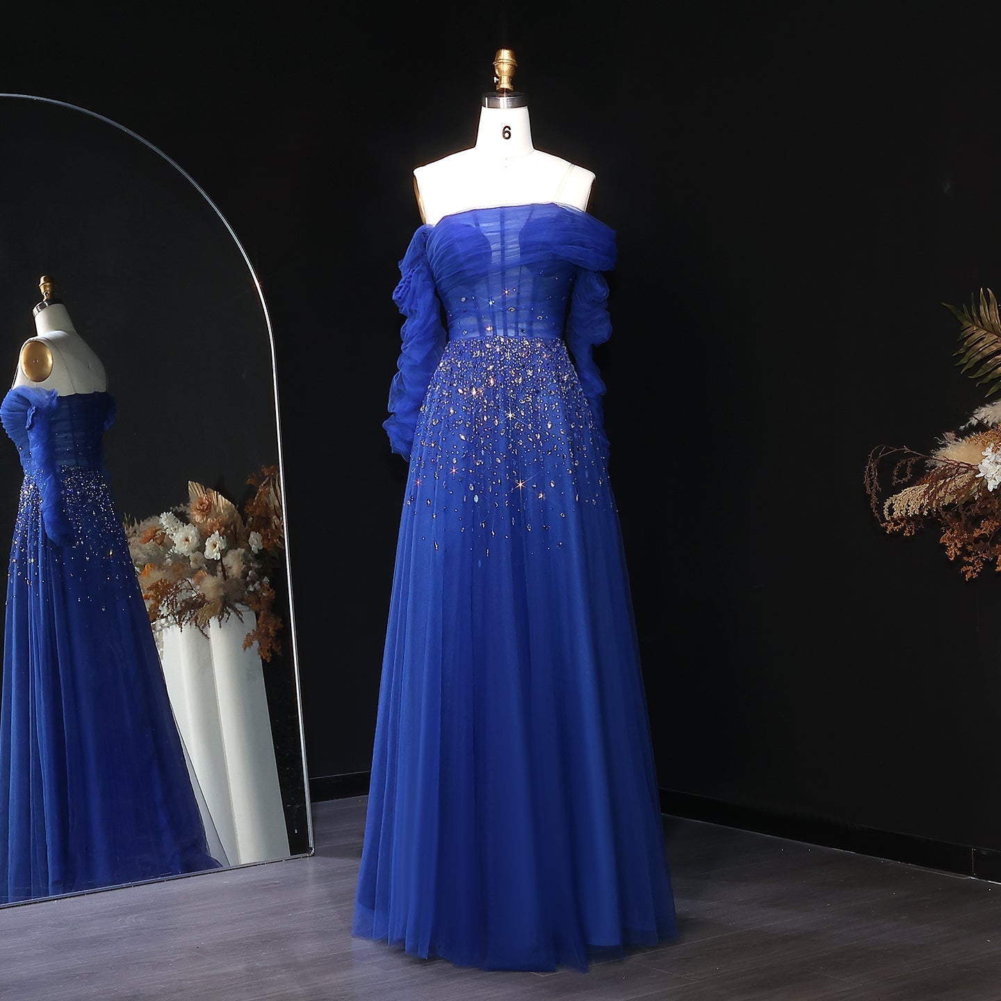 Elegant Black Beaded Tulle Off Shoulder Evening Dress SF333  Navy Blue / US 20