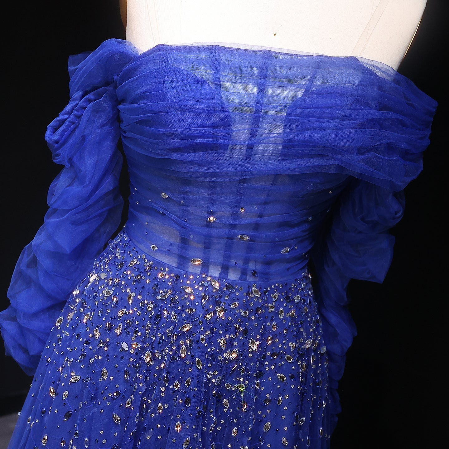 Elegant Black Beaded Tulle Off Shoulder Evening Dress SF333