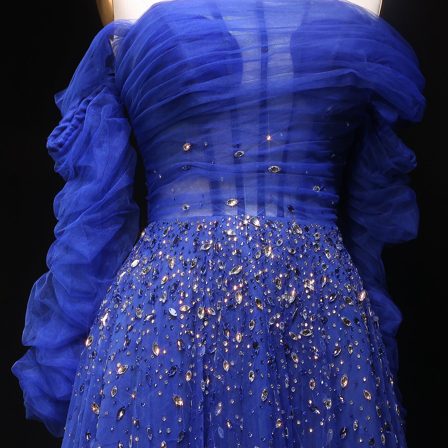 Elegant Black Beaded Tulle Off Shoulder Evening Dress SF333