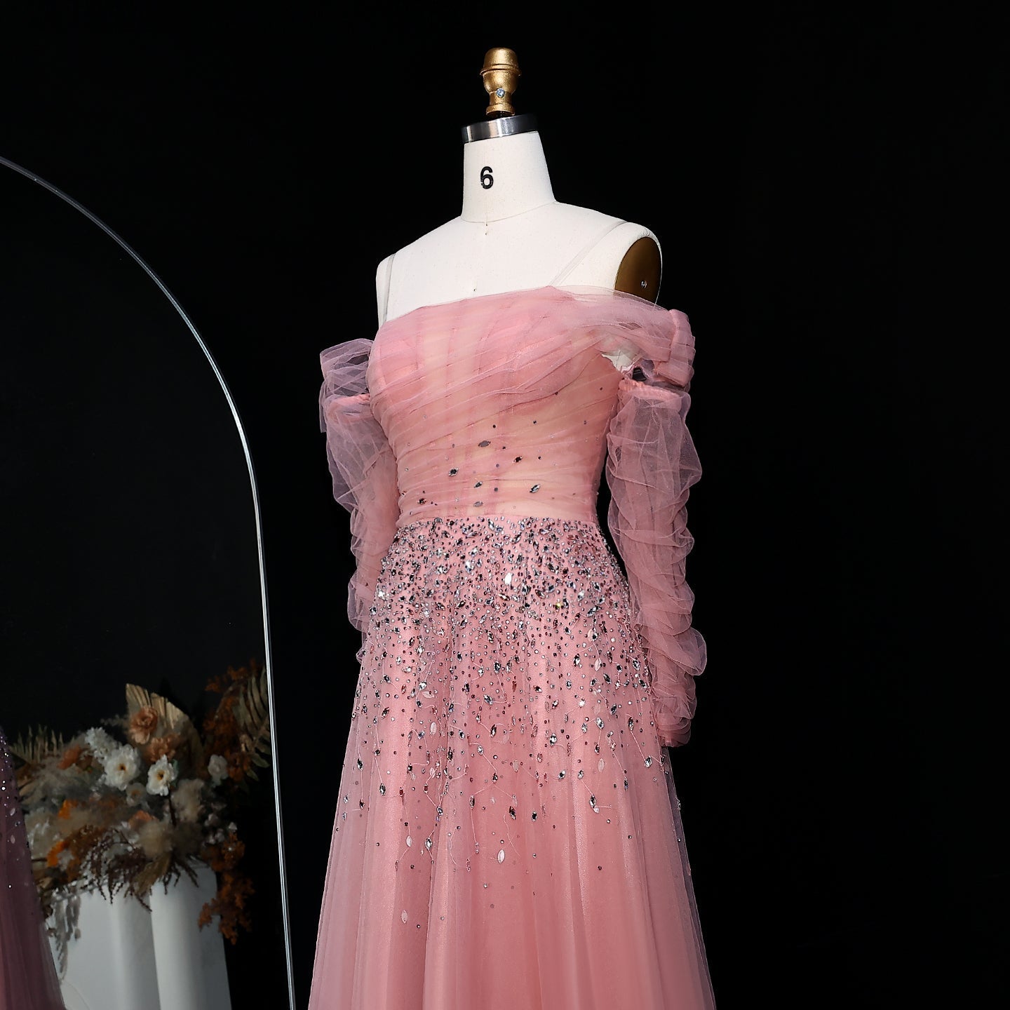 Elegant Black Beaded Tulle Off Shoulder Evening Dress SF333