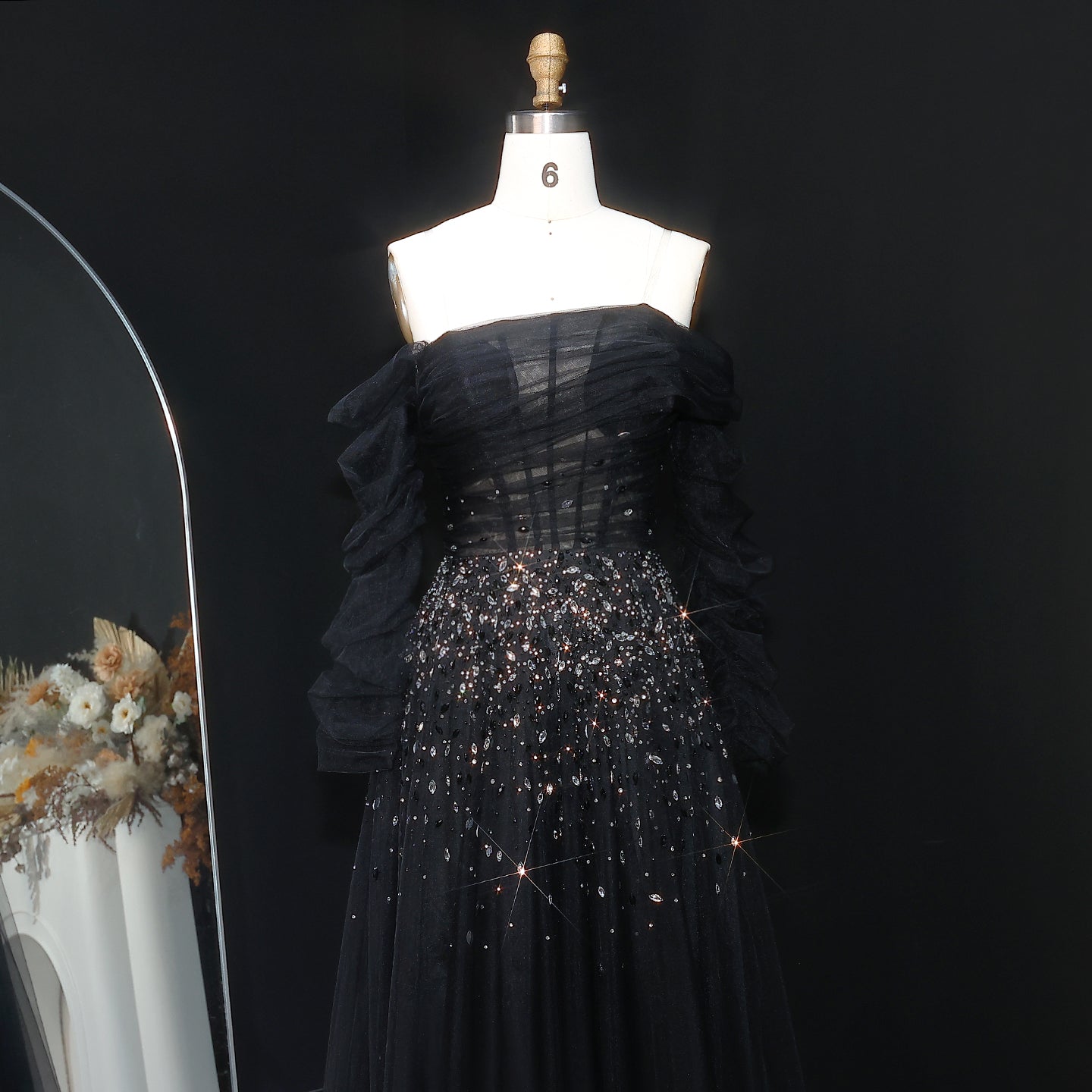 Elegant Black Beaded Tulle Off Shoulder Evening Dress SF333