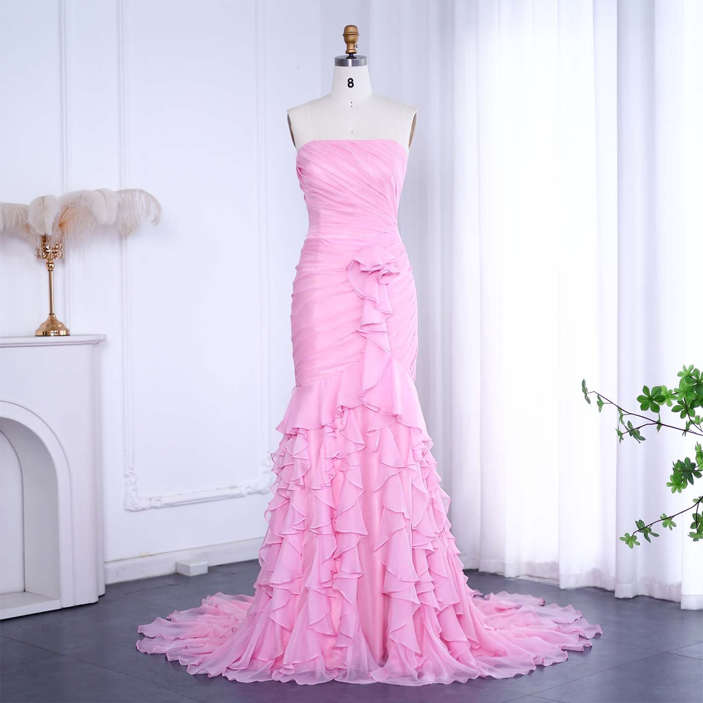 Blush Pink Ruffles Strapless Mermaid Evening Dress SF077  Pink / US 16