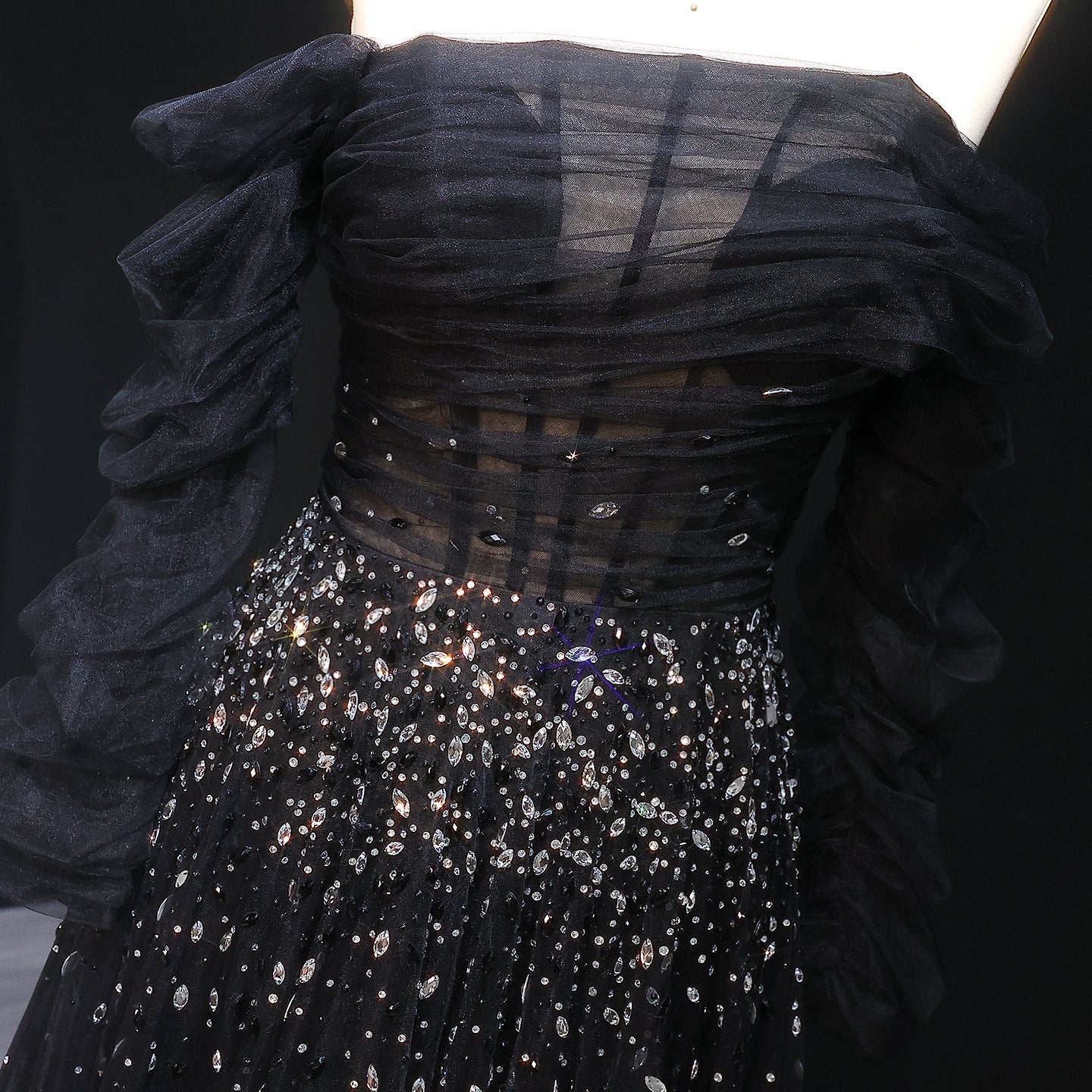 Elegant Black Beaded Tulle Off Shoulder Evening Dress SF333