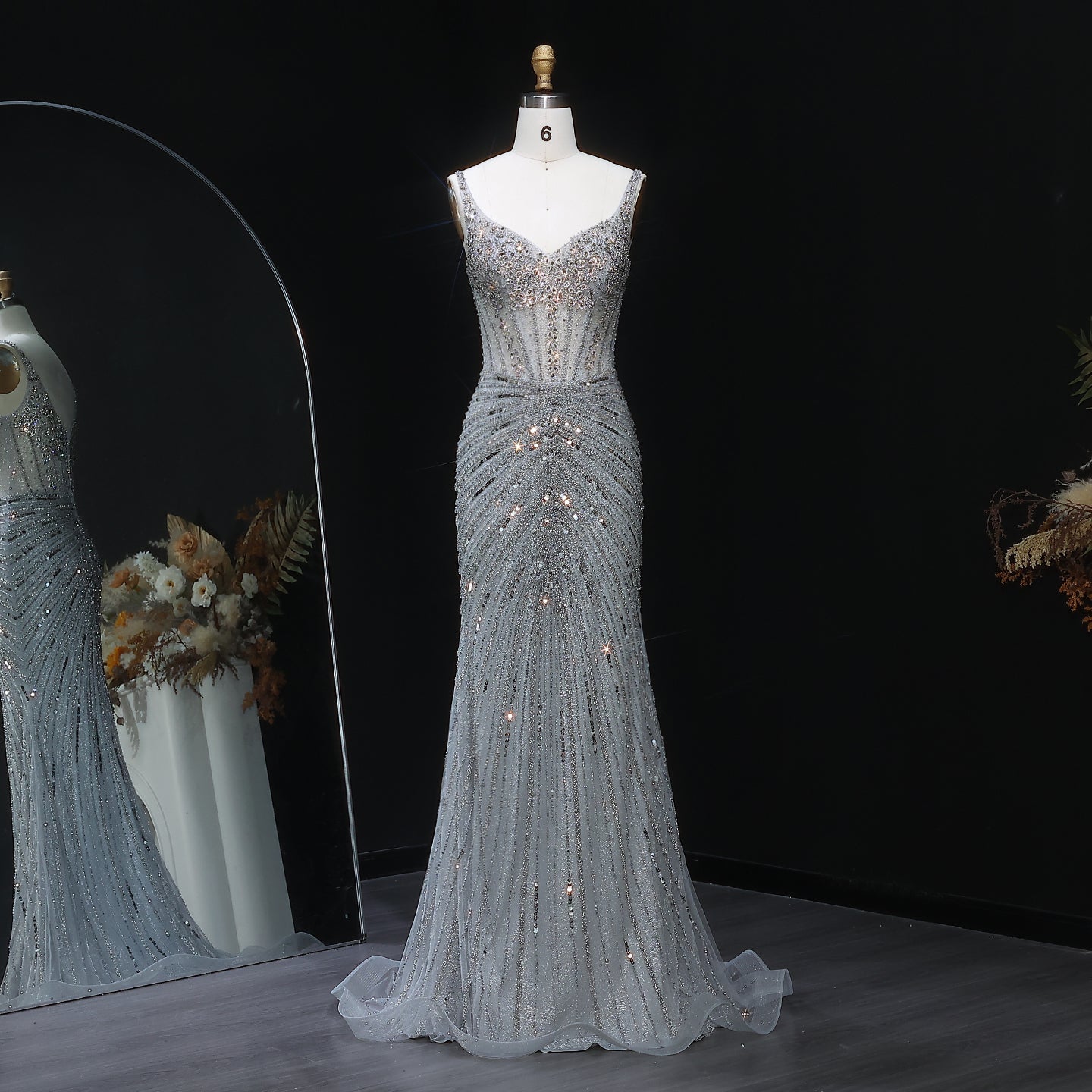 Luxury Champagne Spaghetti Beaded Evening Dress SS292